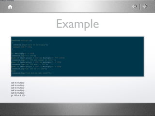 call to multiply

Example
function multiply()
{
console.log('call to multiply');
return 100 * 100;
}
if (multiply() < 100)
console.log('lt 100');
else if (multiply() < 100 && multiply() === 1000)
console.log('lt 100 and equal to 1000');
else if (multiply() > 100 && multiply() < 100)
console.log('gt 100 and lt 100');
else if (multiply() > 100 || multiply() < 100)
console.log('gt 100 or lt 100');
else
console.log('how did we get here?');

call to multiply
call to multiply
call to multiply
call to multiply
call to multiply
gt 100 or lt 100

 