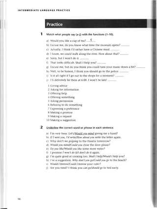 lNтERrиEDlAтE tANGUAGE PRAстlCE
1 Мatсh what peoplesay(a_|)
with the funсtions(1-10).
a) Ъuld you likе a сup of tеaz.....t....
b) Ехсusеmе, do you know what timе thе museum opens?
с) .сtцally,I think I,drathеrhavе a Сhinеsеmеal. ...........
d) l knoщ wе сould walk along thе rivеr.How aboutthat? ...........
е) SoгrY,
but I won,tdo it. ...........
fl Тhat looks diffiсult.Shall I help you? ...........
g) Еxсusеmе, but do you think you сould turn your musiс down a
hl Ъll, to bе honеst, I think you should go to thе poliсе.
i) Is it all right if I go out to thе shopsfor a momеnt? ...........
i) I'll dеfinitеlybе thеrеat 6.00.I won,t bе latе!
1 Giving adviсе
2 Asking for information
З offеring hеlp
.1offеring somеthing
5 Asking pеrmission
6 Rеfusingto do something
7 Еxprеssinga prеfeтеnсе
8 Мaking a promisе
9 Мaking a rеquеst
10 Мaking a suggеstion
UnderIine
the сorrесtword or phrasein еaсhsentenсе.
a) I,m vеry busy.Let,sluldJou-miпd giving mе a hand?
b) If I ,,ilere
yoщ I,d write/Howаboutуou wite thе lеttеr again.
с) Why don,t wе go/going
to thе thеatтеtomorrow?
d) Wouldyou miпd/Сouldyou сlosе thе door plеasе?
e) Do you likeПVouldуou /ikesomе morе watеr?
f) [ promisе I woп,tdo it/I doп,tdo it again.
8) I,ц quitе good at сooking too. ShаllI help/Vould
I hеIpуou?
h) I,vеa suggеstion'Whу doп,tуougo/Сouldyou8o to thе bеaсh?
i) WouldI borrow/СouldI borrowyour rulеr?
i) Аrе you tirеd? I think you сапgo/should
80 to bеd еarly.
2
96
 