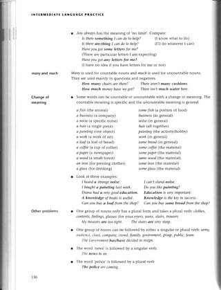 lNтЕпмEDlAтE LANGUAGЕ PRACтIсE
mony and much
Change of
meaning
l Anу always has thе mеaning of ,no limit,. Comparе:
Is thеresomething I сап do to help? (I know what to do)
Is thereаnуthing I cап do to help? (I,ll do whatеvеr I сan)
Hаve уou got some letters for mе?
(Thеrеarе partiсular lеttеrsI am еxpесting)
Hаve yougot аnу letters for me?
(Ihavе no idеa if you havе lеttеrsfor mе or not)
Маnу is usеd for сountablе nouns and muсhis usеd for unсountablе nouns.
Thеy arеusеd mainly in quеstionsand nеgativеs.
How mоnу сhаirsаrеthere? Therеаrеп,tmаny сushioпs.
How muсh moneyhаvеwegot? Thereisп,t muсh wаter here.
r Somеwords сan bе сountable oI unсountablе with а сhangе in mеaning. Thе
сountablе mеaning is spесifiсand thе unсountablе mеaning is gеnеral.
а ftsh(thе animal)
а busiпеss(a сompany)
а noisе(a spесifiсnоisе)
а hаir (a singlе piесе)
а pаiпtiпg(onе objесt)
а work(awork of art)
а loаf (a loaf of brеad)
а coffee(a сup of соffее)
a paPer(a nеwspapеr)
а wood(a small forеst)
rlп iroп (for prеssingсlothеs)
а glаss (for drinking)
r Look at thеsееxamplеs:
I hеаrdа Strапgeпoise.
I boughtа pаintiпg lаst week.
Diапа hаd а vеrygoodeduсаtion.
A knowledge of boаtsis usфI.
Сап уou buy а loаf from theshop?
somefish (a portion of food)
business(in gеnеral)
noise(in gеnеral)
hаir (a||tоgеthеr)
pаintiпg (thе aсtivity/hobby)
work(in gеnеral)
somеbreаd(in gеnеral)
someсoffee(thе matеrial)
Some
pаper(thе material)
somewood(thе matеrial)
someiron (thе matеrial)
someglаss(thе matеrial)
I cап,tstаndпoise.
Do you likepаiпtiпg?
Eduсаtion is veryimportапt.
Kпowlеdge is thekeу to SuссeSS'
Сап уou buу some breоd from thеshop?
other problеms r Onе group of nouns only has a plural form and takеsa plural verbzclothes,
сontепts,feelings,glаsses(for your еуеs),iеапs,stаirs, trousers
Mу trousеrsаre too tight. The stаirs аrе vеrySteep.
r Onе group of nouns сan bе followеd by еithеr a singular or plural verb:аrmy,
аudieпсе,сlаss,сompапy,сrowJd,
fаmily,goverпment,
grouP,public, teаm
The Governmеnthоs/hаve deсidedto resigп.
r Thе word .nеws,is followеd by a singular verb.
The neу,s is on.
r Thе word ,poliсе,is followеdbу a plural vеrb
The poliсe аreсomiпg.
130
 