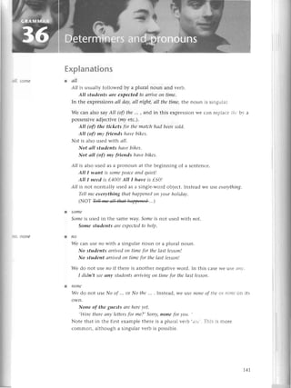 10, none
Explanations
l аll
А/l is usually followеd by a plural noun and vеrb.
All students аre eхpeсted to аrrive on time.
In thе еxprеssions аll dаy, аIl пight, аlI the time, thе noun is singular.
Wе сan also say АП (of) the ... , and in this еxprеssion wе сan rеplaсе tllе bу a
possеssivе adjесtivе (mу etс.).
AIl (of) the tickets for the mаtсh hоd beensold.
AlI (of) my fтieпds hаve bikes.
Nof is also usеd with с/l.
Not аII studeпts hаve bikes.
Not аII (ofl my fтiends hауe bikes.
А// is also usеd as a pronoun at thе bеginning of a sеntеnсе.
AIl I wапt is somеpeасе апd quiet!
Аll I пeed is f,400! All I hаve is f,50!
Аll is not noгmally usеd as a singlе-word objесt. Instеad Wе usе everуthiпg.
TеlI me everything thсlthаppeпеdoп your holidау.
(NОТф,..)
a some
Someis usеd in thе samе waу. Someis not usеd wtthпot.
Some students аre eхpeсtеdto help.
.пo
Wе сan lSе no with a singular noun or a plural noun.
No students аrrived oп time for the lаst lessoп!
No student аrrived on timе for the lаst lesson!
Wе do not usе lсo if thеrе is anothеr nеgativе word. In this сasе Wе usе rz,?),.
I didп,t Seeanу studentsаrriving oп time for the lаst lеsson'
. noпе
Wе do not usе No of ... ot No the ... . Instеad, Wе usе пoпе of t|rcor ttolrcon i|s
own.
Nonе of the guests аrе here yet.
,Were therе апy lеtters for me?, Sorrу, пone for уou.
,
Notе that in thе first еxamplе thеrе is a plural vетb .alе,. Тhis is morе
сommon, although a singular vеrb is possiblе.
T4I
 