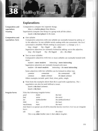 I Explanations
Comparativеsсomparеtwo sеparatеthings.
Моry is а better plаyer thап Мoпiса.
Supеrlativеsсomparе onе thing in a group With all thе othеrs.
Sаrаh is the best plауеr in theteаm.
r Onе syllablе
Compaтativеadjeсtivеswith onе syllablе arеnormally formеd by adding -er
to thе adjесtivе.In onе syllablе words еnding with onе сonsonant, thе final
сonsonant is doublеd. Words еnding in сonsonant +-y сhangе -y to -i.
Iопg_ Ioпger big _ bigger dry _ drier
Supеrlativеadjесtivеsarе normally formed by adding -estto thе adjесtivе.
Iong- the longest big - thebiggest dry - thedriest
r Two or morе syllablеs
Comparativе adjесtivеswith two or morе syllablеsarе normally formеd with
morе.
modеrп_ more modern intеrestiпg
_ more intеresting
Supеrlativеadjесtivеsarеnormally formеd with most,
moderп- thеmost modern iпterestiпg
_ themost interesting
Somе adiесtivеswith two syllablеsсan bе formеd in еithеr way.
сommoп сommoпer theсommonest oR
сo|nlnorl more сommoп thеmost сommorт
othеr еxamplеsinсlude: quiet,tired,сlever,
polite,simple'
r Notе from thе еxamplеsabovе Ihat thеis usеd with supеrlatives.Thе+
supеrlativесan also bе usеd without a noun.
Sаrаhis the best swimmer.
Sаrаh is the best'
following irrеgularforms:
bettеr
worse
fаrther/further
Сomparatives and
superlativеs:
meaning
Сomparativеs and
supеrIativеs:
form
lrrеgularforms Notе thе
good
bаd
fаr
little
much/mапу
And thеrе is а
form:
oId
thebest
theworst
thefаrthеst/furthest
less thеleаst
moчe thеmost
spесialusе of o/dto dеsсribеfamily mеmbегsthat has an irrеgular
elder the eldеst
This is mу elder brother'|апe is their eldest dаttghter.
151
 
