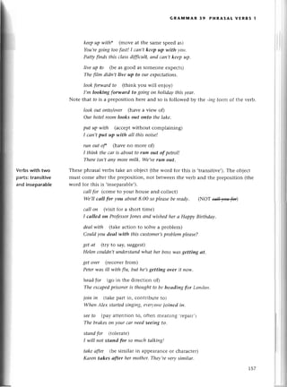 Verbswith two
parts:transitive
аnd inseparable
GRAммAR 39 PнRAsAL vERBs 1
keepup with" (movе at thе samеspееdas)
You,re
goiпg toofаst!I саn,t keеp up with уott.
Pаttуfinds this сlаssdiffiсult,аnd саn,tkeep up.
live up tо (bеas good as somеonеехpесts)
Theftlm didп,tlive up to oureхpeсtаtioпs.
look fotwаrdto (think you will еnjoy)
I,m lookiпg forwаrd to goiпgon holidау this уeаr.
Notе that fo is a prеposition hеrе and so is followеd by thе -itlgfotm of thе vеrb.
Iookout onto/over (havе a viеw of)
our hotelroom looks out ot|to the lаke.
put up with (aссеptwithout сomplaining)
I cап,tput up with аll this noise!
ruп out of (havеno morе of)
I thiпk theсаr is аboutto run out of petrоl!
Thereisп,tаnу morеmilk. We,уerun out.
Thеsеphrasalvеrbs takе an objесt (thеword for this is ,transitivе,).Thе objесt
must сomе aftеrthе prеposition, not bеtwееnthе vеrb and thе prеposition (thе
word for this is .insеparablе,).
саlIfor (сomе to your housе and сollесt)
We,lIcаll for уou аbout8.00 sopleаsebereаdу. (NoTa]a+юн#)
саIlon (visit for a short timе)
I саIIed on Profеssor|onesаnd wishedher а Hаppу Birthdау.
deаIwith (takеaсtion to solvе a problеm)
Сould уou deаl with this сustomer,s
problempleаse?
get аt (try to say,suggеst)
Hеleп сouldп,tuпderstапdwhаt herbosswаsgеtting аt.
getover (rесovеrfrom)
Peterwаs ill with f7u,but hе'sgettiпg over it пo-w'
heаdfor (gо in thе dirесtion o0
Theesсаpеd
prisoneris thoughtto beheadiпg for Loпdotl.
join in (takеpart in, сontributе to)
WhenAleх stаrtеdsitlgittg,
a'еry'ollе
ioiпed iп.
seeto (payattеntionto, оftеn mеaning .геpair,)
The brаkesoп your саr needseeing to.
stаndfor (tolетatе)
I will not stапd for so muсhtаIkitlg!
tаkеаfter (bеsimilaт in appеaтanсеor сharaсtеr)
Kаren tаkes аfter her mothеr.They,revеrysimilаr.
157
 