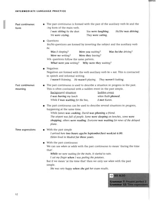 lNтЕRlvtEDlAтЕ LANGUAGE PRAстlсE
Past сontinuous:
form
Pastсontinuous:
meaning
Тimеexprеssions
Wаs I sleeping?
Werewe writiпg?
Thе past сontinuous is usеd
This is oftеn сontrastеdwith
Baсk8roundsituation
I wаs hаviпg my luпсh
Wereуou wаiting?
Werc theу leаving?
Thе past сontinuous is formеd with thе past of thе auxiliaтy vеrLlbe an.dt}:rе
-iпg fotm of thе main vеrb.
I wаs sittiпg bу the door. Youwere lаughiпg' He/Shewаs dtiving.
Wewere сrying. Theywere eаting.
Quеstions
YesД,lo
quеstions arеformеd by invеrting thе subjесtand the auxiliary vеrb
be.
Wаs he/she driviпg?
I4lh-quеstionsfollow thе samеpattеrn.
Whаt-were уou writing? Why were theу wаitiпg?
Nеgativеs
Nеgativеsarе formеd with thе vеrb auxiliary vеrb be+ пot.This is сontraсtеd
in spеесhand informal writing.
I wаsn,t listening. Hе wаsn,t plауing. Theуweren,t lookiпg.
to dеsсribеa situation in progrеssin thе past.
a suddеn еvеnt in thе past simplе.
Suddеn еvеnt
wheпRuthphoned.
I met Kаreп.
While I wаs wаiting for thebus,
Thе past сontinuous саn bе usеd to dеsсribеsеvеralsituationsin progтеss,
happеning at thе samеtimе.
While Iаmeswаs cookiпg,Dауid'wаs phottittgа fтieпd.
The аirportwаs full of people.Somewere sleepiпg oп benсhes,somеwerе
shopping, others-werеrcаding. Еveryonewаs wаitiпg for пewsof thеdelаyed
plаne.
With thе past simplе
I аrrivedhеretwo hours аgo/iп Septemberflаst week/аt 6.oo.
Helen liуed in Mаdrid for three уeаrs.
With thе past сontinuous
We сan lsе wheпor lцhilеwith thе past сontinuous to mеan .duling thе timе
that'.
While-wewerewаitiпgfor thеtrаiп,it stаrtedto rаiп.
I сutmy fiпgerwheп I wаspеelingthepotаtoes.
But if wе mеan ,at thе timе that, thеn wе only lse whе|lwith thе past
simplе.
Shewаs veryhаppуwheп she got hereхаmresults.
t2
 