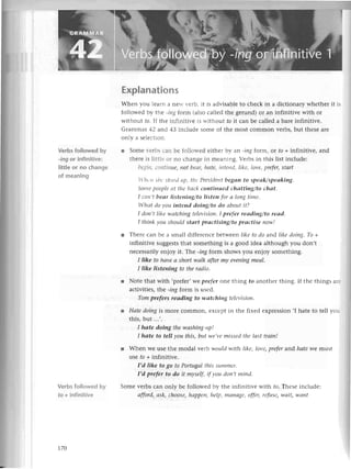 Verbs foIlowеd by
-ing or infinitive:
littIeor no сhangе
of mеaning
Verbs followed by
to + infinitivе
Еxplanations
Whеn you lеarn a nеlY vеrb, it is advisablе to сhесk in a diсtionary whеthеr it is
followеd by thе -ittgfoтm (atso сallеd thе gеrund) or an infinitivе with or
without ro. If thе infinitivе is without to it caгl bе сallеd a barе infinitivе.
Grammar 42 and 4З inсludе somе of thе most сommon vеrbs, but thеsе arе
only a sеjесtion.
l Somе r.егbs сan bе follorvеd еithет bу an -iпg form, or fo + infinitivе, and
thеге is littlе oг no сhangе in mеaning. Vеrbs in this list inсludе:
bеgilt, сotltitll|е,|lot bеоr, hоtе' itltепd, Iikе, lovе,prefer,stаrt
I.ltеttsltеstood ttp, thе Prеsidеt.tt
begаn to speоk/speаkiпg.
Somepeoplе аt thе bасk сontinued сhаtting/to сhаt'
I ссltl,tbeаr listening/to listen for о loпg time.
Whаt do уou inteпd doing/to do сlboutit?
I don,t like wаtсhing tеlеvision.I prefer reаding/to reаd.
I thiпk уou should Stаrt prаctisiпg/to prасtise now!
r Thеrе сan bе a small diffеrеnсе bеtwееn likе to do aлd like doing. To +
infinitivе suggеsts that somеthing is a good idеa although you don't
nесеssarily enjoy it. The -iпg form shows you еnioy somеthing.
I like to hаve а short wаlk аftеr my eveningmeаl.
I like listeniпg to thе rаdio.
r Notе that With ,ptеfеr, we prefer onе thing to anothеr thing. If thе things arе
aсtivitiеs, thе -ing form is usеd.
Tom prefеrs rеаding to wаtсhing televisioп'
l Hаte doing ts morе сommon, ехсеpt in thе fixеd еxprеssion
.I hatе to tеll you
this, but ...'.
I hаte doing the wаshiпg-up!
I hаte to tell уou this, but wе,vеmissed the lаst trаiп!
r Whеn Wе usе thе modal уеrb would with likе, love,prеfer and hаte wе must
usе ro + infinitivе.
I,d like to go to Portugаl this summer.
I,d prefer to do it mуsеIf,if уou doп,t miпd,
Somе vеrbs сan only bе followеd by thе infinitivе with fo. Thеsе inсludе:
аfford, аsk, сhoosе, hаppen, help, mапаge, offer, rеfusе, wаit, want
|7О
 