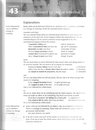 Vеrbs fol|owed by
-ing or infinitive:
сhange of
meaning
Vеrbsfo|Iowedby
-ingor infinitive
withoutto:сhangе
of meaning
Explanations
Somе vеrbs сan bе followеd еithеr bу an -iпgform, or fо + infinitir-е,and thеrе
is a сhangе in mеaning. Study thе еxamplеsbеlow сaгеfulir..
remembеrand forget
Wе usе remember/forget
doiпg(or remembеr/forget
followеd bг fllrzf-сlausеi
for
mеmoriеsof thе past (thеaсtion happеnsbеforеthе rеmеmbегingl'ъ usе
rеmembеr/forget
to do for aсtions somеonеis/wassupposеdto do (thе
rеmеmbеringhappеns bеforеthе aсtion).
I remembet telling уou! (tеll € rеmеmbеr)
ThenI rememberedthаt уou werеout. (go out € rеrnеmbеrl
Remember to tаke уourkeys! (rеmеmbеr) takе)
I,ll neverforyet leаrпing to drive! (Iеarn € forget)
I forgot thаt I,dpromisеdtophoneуou. (promisе€ forgеt)
Sorry,I forgot to post уour lettеr. (forgеt ) post)
meап
Wе usе meапdoing(ot meаnfollowеd |эуthаt-c|ausе)
whеn onе thing rеsultsin
or involvеs anothеr.Wе usе meапto do to еxprеssan intеntion.
Keеpiпgftt meапs tаking eхerсiseeverуdау! (=involvеs)
WheпI miss thebus,it meаns thаt I hаve to wаlk to sсhool. (=involvеs)
|ап meапt to wаtсh theprogrаmme,
but shеforgot. (=intеndеd)
stop
Wе usе stopdoiпgwhen wе еnd an aсtion. Wе usе Stopto dowhеn wе givе thе
rеasonfoг stopping.
|o hаs Stopped lеаrпiпg Frеnсh.
We stoppеd to look сlt thе view.
Stop iS not followеd by a thаt-с|alа'se.
trу
Wе usе trydoiпgwhеn wе do somеthing and sееwhat happеns.Wе usе tl1'todo
whеn wе makе an еffort to do somеthing,but don,t nесеssarilysuссееd.
If you hаveа heаdасhe,
try tаking twoof these
pills' (=еxpеrimеntt
Peter trted to lift the tаble, but it tltаs too heоуу, (hе failеd in this саsе,
Trу is l;ot followеd bу a thаt-c|alsе.
r Sоmе vеrbs сan bе followed by an objесt + ing, or an infinitir-е rтlthоut Гtl.
Thеrе is a сhangе in mеaning. Thеsе vеrbs arе somеtimеs сa1lеd
.r-еrbsof
pеrсеption, and inсludе:
fеel, heаr, listeп to, see, wаtсh
r If wе sее or hеar only part of thе aсtion, or it сontinuеs. 1.е
usе thе -illg
form. If Wе sее or hеar thе wholе aсtion from bеginning to еnd. rте usе thе
infinitivе without fo.
175
(=gavеup lеarning)
(=in ordеr to look)
 