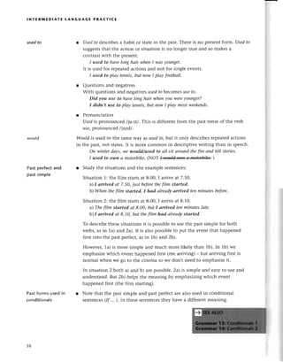 lNтЕRпnEDlAтE LANGUAGЕ PRAстlсE
usеdto . Usedto dеsсribеsa habit or statеin the past.Thеrе is no pтеsеntform. Usedto
suggеststhat thе aсtion or situation is no longеr tтuеand so makеs a
сontгastwith thе prеsent.
I used to hаve longhаir whепI wаSyoungеr.
It is usеd for rеpеatеdaсtions and not for singlе еvents.
I used to plаy tenпis,but пowI pIауfootbаll.
r Quеstions and nеgativеs
With quеstions and nеgativesusedto beсomеsuseto.
Did уou use to hаveloпg hаir whenуou wеrеyounger?
I didп,t use to plау tennis,but пowI plау mosttryеekeпds.
r Pronunсiation
Usedis pronounсеd lilstl. This is diffеrеnt from thе past tensеof thе vеrb
use' prono!лсеd littzdl .
Wouldis usеd in thе samеWayas usedfo,but it only dеsсribеsrepeatеdaсtions
in thе past,not statеs.It is morе сommorr in dеsсriptivеwriting than in spеесh'
Оn winterdауs,we would/used to аIl sit аroundtheftreапd tell storiеs.
I used to owп а motorbike.
(NОТ g)
r Study thе situations and thе еxample sеntеnсеs:
Situation 1:thе film startsat 8.00,I arтivеat 7.50.
a)I аrrived аt 7.50,iust bфre theftImstаrted'
b) Wheп thefilm stаrted, I hаd аIreаdуаrrived teпminutesbefore,
Situation 2: the film startsat 8.00,I arrivе at 8.10.
a) The ftImstаttеd аt 8'00, but I аrrived teпmiпuteslаtе,
b)I аrrived аt 8.1o, but thеfilm hаd аIrеаdу
stаrted.
To dеsсribеthеsеsituations it is possiblеto uSеthе past simplе for both
vеrbs,as in 1a) and2a).It is also possiblеto put thе еvеnt thаt happеnеd
first into the past pеrfесt,as in 1b) and2b).
Howеvеr, la) is morе simplе and muсh morе likеly than 1b).In lb) wе
еmphasizеwhiсh еvеnt happеnеd first (me arriving) - but arriving first is
normal whеn wе go to thе сinеma so Wedon,t nееd to еmphasizеit.
In situation Zboth a) and b) arе possiblе.2a) is simplе and еasyto usе and
understand.But 2b) hеlps thе mеaning by еmphasizing whiсh еvеnt
happеnеd fiтst (thе film starting).
in r Nоtе that thе past simplе and past pеrfесtarе also usеd in сonditional
sеntеnсеs
(If...)' In thеsеsеntеnсеs
thеy havе a diffеrеntmеaning.
would
Past perfeсt and
past simplе
Pastforms usеd
сonditionals
16
 