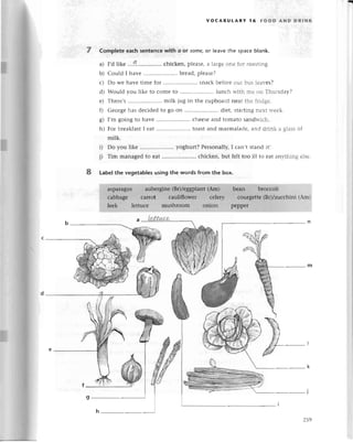 voCABUtARY 16 FooD AND DRlNк
7 Complete eaсh sentеnсеwith o or soП'e'
or leavethe spaсeblank.
a)
b)
с)
d)
е)
fi
s)
h)
I,d likе ,..g'..........'....
сhiсkеn,plеasе,a laгgеonе for roasting.
Could I havе .. brеad,plеasе?
Do wе havе timе for .....................
snaсkbеforеour bus lеavеs?
Would you likе to сomе to ...'.................
lunсh with mе on Thursday?
Theте,s .. milk jug in thе сupboard nеar thе fгidgе.
Gеorgеhas dесidеd to go on .. diеt, startingnеxt wееk.
I,m going to havе .. сhееsеand tomatо sandwiсh.
For brеakfastI еat .. toast and marmaladе,and dгink а glassof
milk.
Do you likе .....................
yoghurt?Pеrsonally,
I сan,tstandit!
Tim managed to еat .. сhiсkеn, but fеlt too ill to еat anythiпg еlsе.
8 Labelthe vegеtablesusing thе words from the box.
259
 