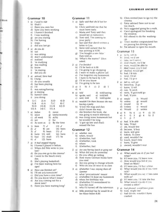 Grammar 10
a) beforе
b) sinсе
с) all wееk
d) yet
е) As soon аs
) beeп 7) / 13) ,/
2) / B) arе 14) bееn
з) / 9) bееn |5) ,/
4) havе 10) will 16) havе
5) had 11) shall 17) bе
6) / 12) havе
a) ithаd stoppеdiпging
b) [ hаvеn,t plаyеd it bеforе.
с) When did Petе Writе to you
last?
d) Do you evеl go to thе сinеmа?
е) I wеnt to thе bеaсh еvеry
day.
Grammar11
t a) SаIlуsаid thаt she,dlost Ircr
kеуs.
b) Сhris said/told mе that hе
must lеave еarly.
с) Мaria and Tony said thеv
would sееus tomorro1t.
d; Tom said,,I,mсoming to
your party.'
е) Suе said that shе,drlтittеn а
lеtter to Lisa.
f) Stevеtold us/saidthat hе
was arriving at 8.00.
g) .I,vеbought a nеrv bikе.'
Pam told us.
h) ,What,sthе mаtter?.Еllеn
askеd.
a) I've finished
tr) I,ll bе baсk at 6.0o
с) I,m going to go shopping
d) I want to makе a phonе сall
е) I'vе forgottеn my homеwork
f) I havе to bе baсk by З.З0
g) I,ll lеt you know
h) I,m going to bе latе
a)3 b)5 с)2 d)1
e)4
4 a) told d) told/saying
b) spokе, said е) told/tell
с) said, told l) told/spokе
5 a) wouldп,t bе thеrebeсаuseshеtцаs
hаviпg а pаrtу
b) ,d lost thе map and (hе)
didn,t know thе way.
с) she flnishеd thе boоk, shе
was going to watсh tеlеvision
d) was doing somе homеwork but
hе wouldn,t bе long
е) ,d got up latе and (had)
missеd thе bus
Grammar12
I a) whether,wаs
b) whеn, would
с) iflwhethеr' had
d) iflwhеthеr, took
е) whеrе
f) Iflwhеthеr, had
2 a) Аre уou hаviпg luпсh or goiпg out
b) What did you do yеstеrday
с) Do you oftеn go sаiling
d) How many Gетman books have
you rеаd
0
4a)
Are you going to сhangе sсhoo]s
Who do you sit next to in сlass
if/whetherI wаs stауiпg therеаIl
Summеr
What .ploсIastinatе' mеant
iflwhethеr I,d donе my homеwork
whеn hеr biтthday was
iflwhеther I,d rеmеmbеred to
loсk thе door
whу |'d turnеdoff thе tеlevision
Mike promisеdSuehe would be аt
her housеbefore8.00.
GRAм]иAR ANsWЕRs
b) Сhris invitеd Jеan to (go to) thе
сinеma.
с) Patsy advisеd Dave not to еat
too muсh.
d) Niсk suggestеdgoing for a walk.
е) Carol apologizеd for brеaking
thе window.
Гl Bill offеrеd to do thе washing-
up.
.Чl Тina's mothеI сongratulatеdheт
on passinghеr driving tеst.
h. Рat теfusеdto opеn his mouth.
GrammarI3
а
b,
с,
dr
Гt
ol
hl
i)
j)
a)
b)
с)
d)
е)
fl
a)
b)
с)
d)
е)
a)
е)
i)
н: rc. ш-i//
be
iir'еd' lге'd sее
takе.1t'е.llагri'е
dоn.t hurn-' rtе'1lbе
rгеге.rtоu]d bе аblе to
don.t rтеаr'r-ou.lltЪеl
studiеd.ттouid gеt
had, ].dridе
lеnd, I,Illеt
had, l'd gir.е
fаll iп, will gеt
wеrе/ъ-as,,d go
knеw, ,d tеll
run, ,]1сatсh
тains,'l1go/сould go
had, 'd join
would fl Would
unlеss g) would
would h) If
Unlеss i) would
Would j) unless
5 a) hаd, ,d be аble
b) take, ,1lfееl
с) atе, would livе
d) bесamе, ,d buy
е) lеavе, will givе
f) folloщ ,ll сomе
g) usеd, wouldn,t bе
h) touсh, won't bitе
i) leavе, ,ll givе
i) ownеd, wouldn't visit
Grammar14
-1,a) Whаt would уou do if уotthвd
wings?
[f I weте you, I,d lеaуе norт.
How would you fееl if r-ou
livеd on Мars?
If I wеrе you, I,d bur' a bikе.
What would vou do if r-ou rтеге
riсh?
What would vou 5a-ii Jim сamс
with us?
If I wеrе 1-ou,I'd takе thе bus.
What rvould r-oudo if vou
ownеd a robot?
llсldpltoпеd' u'оttltlllаt'еsi-t'еtl
took' might fееl
hаd dгir-еn'lтouldn,t havе
стashеd
I think
fs
шу
a) I usedto ide
b) shall I
с) Havе you sееn hеr
d) havе you bееn woгking
е) I haven,t finishеd
f; I was washing
g) arе you staring
h) I,m haйng
i) stops
i) did you last go
a) do уou do
b) ran
с) was sitting
d) don't undеrstand
e) теalizеd
fl 'm studying
g) was rеading
h) know
i) 'm staying
i) did you do
a) аrrived, Stеvehаd
b) I hеlp
с) do you usually
d) has bееn playing
е) I,1l
f) was еating/having
g) is staying
h) havеn,t sееn
i) you doing
1)с 2)^ 3)D 4)D
5)B 6)A 7)С 8)С
e)D 10)B 11)B 12)D
13)A 14)с 15)A
п8
ъ'
{
{
р
A
fl
&
fi
'$
*
l
f) nevет
g) latеly/reсеntly
h) at|Ilу
i) for
j) By thе timе
8 b)6 с)9 d)10
1 0 3 S) 4 h)z
'i)7
in
0
o)
8a)
b)
с)
d)
е)
0
Shе,splaying baskеtball.
I,vе bееn Waiting herе for
agеs!
Hаve уou flnishedуеt?
I,ll sееyou tomorrow!
Did you havе a niсe timе?
Do you know what I mеаn?
Arе you сoming out for a
drink latеr?
Havе you beеn waiting long?
e)
0
3a)
b)
с)
d)
е)
b)
с)
d)
е)
0
o)
h)
2a)
b)
с)
28
 