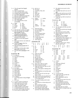 3 a) The old couplelived hаppilу
together.
b) You,vе workеd hard.
с) Сhris and Paul walk slowly.
d) Georgia plays thе piano wеll.
е) Suе danсеs graсеfully.
f) Кatе isn,t wеll/doеsn,t fееl wеll.
g) Мiсhaеl skatеswondеrfully.
h) Мary wтitеs сaтеfully.
i) Alеx slеpt badly.
j) Ann сomplеtеd thе сoursе
suссеssfully.
4 a) hаppу fl fast
b) wеll g) quite
с) hardly h) hard
d) good i) tеrriblе
е) ill i) еxtremely
5 a) Peterhаs beeпworkingуery hаrd,
b) My sistеI bought mе a lovеl)r
bluе woollеn swеatеf.
с) This book I,m rеading is
еxсеllеnt/eхtrеmеly good.
d) David fеlt bad bесausе hе,d
shouted at his mothеI.
е) Еvеryonе in thе tеam playеd
wеll.
fl Too muсh еxerсisе сan make you
feеl tirеd.
s) Paulalеlt hanpv whеn hеr
еxams wеrе ovel.
h) Hans has nеvеr arrived latе at
sсhоol.
i) onе boxеr hit the othеr rеally
hald right on thе сhin.
i) t,rn not rеally intelestеd in this
сar'
Grammar38
1a)
b)
с)
d)
е)
0
o)
h)
i)
i)
2a)
b)
с)
d)
е)
0
o
ё/
h)
i)
4 a) just аs, аs
b) thе most
с) moте/lеss,than, did
d) morе
е) than, thе
0 the lеast
g) iust as, as
h) lеss,than
5 a) biggest i) haгdег
b) grеatеst |) -
с) _ k) fittеI
d)- 1) -
е) _ m)-
0 fatter n) -
g) smallеst o) widеr
h)-
6 a) tаIk moreslowlу
b) isn,t as fгightеning
с) thе bеst сook
d) as fast as
е) lesseсonomiсal than
f) morе еxсiting than
g) as hard as
h) is morе intеrеstеd
i) is oldеr than
i) morе than mе
Grammar 39
GRAмrиAR ANsWЕRs
0 Wе сalled on my aunt on hеr
birthdаy.
8) I,m afraid that we,vе run out of
еggs.
h) Мoniсa will сall for you at 6.30.
i) Nobody understood what I was
8еtting at.
i) I сan,t put up with so muсh air
pollution.
Grammar 40
I a) у'сLsll е) try
b) look f) flll
с) sеt g) turned
d) сal1ed h) droppеd
2 a) Tum the lights off wheпуou leаvе
theschool.
b) Jaсk tulnеd up half-way thгough
thе lеsson.
h)
3a)
е)
Wе сan put you up foт a wееk.
Мarta is gеtting on wеll in hеr
Еnglish сlass.
Lidia grеw up in Uruguay.
How do you tum on thе
сomputеr/turn thе сomputеI on?
Caтol lookеd up the datеs/
looked thе dates up in an
еnсyсlopedia.
Suтflng is a gIeat sport. Whеn
did you takе it up?
rl
с)
d)
e)
0
o
6/
1a)
е)
2a)
b)
с)
d)
е)
0
5a)
b)
3 b)5 с)8 d)1
4 t)2 96 h)7
at g) up
for h) on
to i) up
down i) up
over k) to
foт l) out
с)1
фт
е) bеst
0 foт
o) no
h) is
2 )d 2)a 3)с 4)a
5)d 6)d 7)b 8)с
9)b i0)a 11)b 12)d
ljt с 1+)b 15)с
d)6
h)З
3 b)8
4 f) s
Grammar 41
Т a) bettеr
b) еaсh
с) hard
d) somе
tnan
i) thе worst
3 a) аs good а runпerаs Dаvid (is)
b) tallest (pеrson)in thе сlass
с) morе than mе/than I havе
d) longеr than Janе,s (hair)
е) noisiеst studеnt in thе sсhool
0 as intетesting as this one (is)
g) go fastеr than this/go any fastеr
h) еat as muсh as Andrеw (did)
a) didn't live uP to
b) drop in on
с) run out of
d) gеt on with
e) сaught up with
f) looking forward to
g) kееp up with
h) сut down on
a) Biап tаkesаfterhis mother.
b) Wе,ve lun out of food!
с) Мike and Tom don,t gеt on wе]]
With еaсh othеI.
d) Jеan is vеry good аt dеaling with
peoplе.
е) The handlеbars on my bikе nеed
sееingto.
f; Julia was vеIy ill, but shе,sgot
over it now
What ехaсtly aIе you sеtting at?
Paul,s nеw sсhool didn,t livе up
to his expесtations.
The сentrаIheаtiпgsуstemneеds
seеiп{to.
Lеt,s drop in on Julia whilе wе'rе
hеre.
Wе,rе hеading for Рaris.
our hotеl room looks out
onto/ovеr thе main road!
Two сhildтen started playing,
and thеn thе othеrs ioinеd in.
of tltеsе
until
smoking is allowеd
somе adriсе
as long as
srnсе
сlassтoom
on foot
anv fuгthеr
in timе
I сtltlput you up.
Сarlos сan,t put up with the
tтaffiс any morе.
Pеtеr is gеtting on wеll at
univеIsity.
I,ll сlеar up thе room if you do
thе washing up.
Wе,rе heading for Мadrid.
Why don't you look uP this
woтd/look this woтd up in thе
diсtionafy?
Janе takеsaftеr hет fathеr.
Кеlly,sfathеr is trying to givе up
smoking.
aS tаstуаS
the most intеIеstin8
oldеst
than
wolsе
tallеst
as hard as
WoIsе
longеr than
morе quietly
the loпgest
lеss еntегtaining
fastеr than
the hottеst
bеttеf than
iust as tall as
morе diffiсult
as largе as
not as bi8 as/iust as big as/biggеr
3a)
b)
с)
dl
f)
ol
h)
i)
ll
1al
b)
8)
h)
с)
d)
е)
с,)
d)
0
c)
h)
289
 
