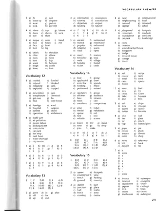 3 a] frt е) suit
bt dтеssup fl disguisе
с) wеat g) put on
d) look h) go with
1 a) sleеvе d) сap g) blousе
b) dress е) shoтts h) soсk
с) suit f) skirt
3 a) inforrnatioп e) теsеrvatlon
b) runway f) сanсеllation
с) dеparturе g) airport
d) landing h) takеoff
4a) 7
е)1
i)6
voсABULARY ANsWERs
4 a) rurаI е) intеrnational
b) nеighbouring f; loсаl
с) isolatеd g) сrowdеd
d) сapital h) urban
5 a) plауground е) footpath
b) сrossroads f) roadside
с) roundabout 8) outskilts
d) сaт park h) footbтidgе
6 a) саstlе
b) сaтavan
с) sеmi-detaсhеdhousе
d) bungalow
е) bгidgе
f) tегraсеdhоusе
8) сottagе
h) torvеr
VoсabuIary
16
7 a) roll Гl lесipе
b) сoursе 8) tast,v
с) mеal h) сook
d) сans i) spoon
е) frozеn
2 a) roаst fl Pееl
b) mix g) ft)'
с) сhop h) Gratе
d) bakе i) Squееzе
е) add i) Boil
З a) sаIt е) сhips
b) foтk Г1 гinеgaт
с) baсon 8) sauсеr
d) buttеr h) bisсuits
4 a) sliсе
b) baт
с) jar
d) сup
е) loaf
f) glass
ot ninсh
t/ r__'*'-
h) сarton/8lass
5 a) grаpе е) piе
b) onion fl plum
с) lеttuсе 8) сhееsе
d) lamb h; сhop
6 a) пrctlu d) takеaway
b) bill е) book
с) dеssегt f) tip
7a)а
b) somе
с)a
d)-
е)a
0a
8)a
h) -
1)-
i) somе
8 a) lеttuсе h) asparagus
b) broссoli i) сoulgеtte
с) сauliflowет i) сеlеry
d) pеppеr k) сabbagе
е) lееk l) bеan
f) onion m) сarrot
g) mushтoom n) auberginе
b)З с)10 d)8
f) 4 s) e h)z
i)s
5 a) tonguе е) arms
b) hair f) heart
с) faсe g) hеad
d) foot h) lеg
5 a) апсieпt f) suntannеd
b) sеasiсk g) reasonablе
с) popular h) еxhaustеd
d) rеlaxing i) warm
е) loсal i) opеn
6 a) resort f) station
b) brеakfast g) stop
с) walk h) villagе
d) holiday i) hostеl
е) tiсkеt i) сards
Voсabulary
14
I a) beаt f) going
b) applauded g) drеw
с) еntеr for h) spеnds
d) holding i) еnioy
е) pеrfoтmеd |) missеd
2 a) speсtаtors 0 gloup
b) athlеtеs g) audiеnсе
с) fans h) viеwеrs
d) tеam i) сast
е) mеmbеrs j) сompеtitors
З a) pize 0 tiсkеt
b) mеdal g) еxhibition
с) queue h) rod
d) tylе i) linе
е) whistlе j) sсrееn
4 a) knoсk d) livе g) stand
b) turn е) go h) drop
с) ioin f) makе
i) hand
]l ЁуЕ
6 a) сhееk h) shouldеr
b) сhin i) еlbow
с) neсk |) wrist
d) bust k) hip
е) waist l) bottom
fl thigh m) anklе
g) knее n) foot
Voсabulary
12
1. a) crаshed е) floodеd
b) injurеd f) bloсkеd
с) сollapsеd g) sank
d) еxplodеd h) trapped
2 a) prеsсription е) pаin
b) tеmpеraturе f) сhеmist,s
с) gеt ovет 8) flu
d) heal h) sorе throat
3 a) bаnilаge е) ward
b) hospital f) surgeon
с) patient g) blood
d) opеration h) ambulanсе
4 a) trаffiсiаm
b) aiт pollution
с) powеr failurе
d) parking tiсkеt
е) train strikе
f) сar paтk
g) bus stop
h) rush hour
i) watеr shorta8е
1.) сity сеntrе
Voсabulary
13
1 1)C 2)D 3)A 4)D
5)B 6)B 7)А 8)с
9)A 10)D 11)с 1'2)B
13)B 14)D 1s)A
2 a) down d) in g) after
b) off е) for
с) up f) out
6 |)B 2)С 3)B 4)^
s)D 6)D 7)^ B)B
9)A 10)с 11)D Т2)С
13)B 14)
^
1s)D
Voсabulary15
1 1)B z)D 3) с 4)A
5)с 6)D 7)А 8)B
9)B 10)С 11)D 72)А
13)С 14)D 15)A
2 a) squоre е) footpath
b) сountrysidеf) viеw
с) bеaсh g) Parking
d) ground h) сountry
3 a) stаtioп f) part
b) junсtion g) plaсe
с) hall h) traffiс
d) bloсk i) zonе
е) сrossing i) сеntlе
5a)8 b)5 с)7 d)2
е)6 03 g4 h)1
5a)6 b)10 с)2 d)8
е)3 05 8)7 h)l
i)9 Dц
6a)3 b)6 с)5 d)2
e) 4 0 8 g) t h)7
'X
тa)з b)9 с)2 d)6
де)50]c)sh)4
Ш il 7
Шr
ifl
295
 