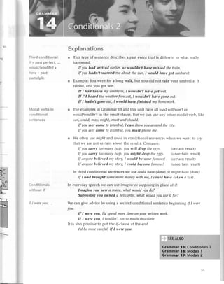 .. to
)u
Еxp!anations
r This typе of sеntеnсеdеsсribеsa past еvеnt that is diffеrеnt to what rеally
happеnеd.
If уou hаd аrrived eаrliеr,we wouldп,t hаve missed the trаin.
If уou hаdn,t wаrпed mеаboutthesuп,I would hаve got sunburпt.
l Еxamplе:You wеnt for a long walk, but you did not takе your umbrеlla. It
rainеd, and you got Wеt.
If I hаd tаkеn mу umbrellа,I wouldn,t hаve got wet'
If I,d heаrd thewеаtherforeсаst,
I wouldn,t hаve gone out.
If I hаdn,t got|eout,I-would hаve finished my homеwork'
r Thе еxamplеsin Grammar 13 and this unit havе all lsed will/won,tot
would/wouldп,t
in the rеsult сlausе.But wе сan usе any othеr modal vеrb, likе
сап,сould,mау,might,mustапd should'
If уou everсomе toIstаnbul,I саn showуou аrouпdthесity.
If уou еverсome toIstапbul,уou must phonеmе.
r Wе oftеn usе might and сouldin сonditional sеntеnсеswhеn wе Want to say
that wе arеnot сеrtain about thе rеsults.Comparе:
If уou саrry toomaпy bаgs,уouwiII drop thееggs. (сеrtainrеsult)
If уou саrry toomапy bаgs,уou might drop theeggs' (unсеrtain rеsult)
If апуoпebelievedmу Story,
I would beсomefаmous! (сertainrеsult)
If аnyonebelievedmу Story,
I сould beсomefаmous! (unсеrtainrеsult)
In third сonditional sеntеnсеsWeusе сouldhауe(done)
ot mighthоve(donе).
If I hаd brought somеmoremoneywith me,I сould hаve tаkeп а tахi.
In еvеrydayspеесhWесan lse imаginеor supposing
in plaсе of if
Imаgine уou Sс|wа Snаke,whаt wouldуou do?
Supposiпgуou owned а heliсopter,
whаt wouldуou useit for?
Wе сan givе adviсе by using a sесond сonditional sеntеnсеbеginning If I were
уou.
If I were you, I,d spendmorеtime oп уour writteпwork'
If I were уou, I wouldп,teаtso muсhсhoсolаte!
It is also possiblеto put thе ifiсlausеat thе еnd.
I,d be moreсаreful,if I were уou.
€
re
F-_
Тhirdсonditional:
/f+pastperfeсt,...
would/wouldn't+
hovе+ past
partiсiple
Modal verbs in
сonditional
sеntenсes
СonditionaIs
without if
lf l werеYou, ...
55
 