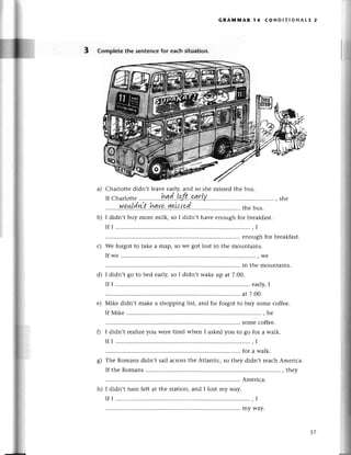 GRA1tлlvlAR 14 сoNDlтloNALs 2
Complеte the sеntenсefor eaсh situation.
Сharlottе didn,t lеavе еarly,and so shе missеd thе bus.
IfСharlottе
.............fud.'!ef.t.'qr|у. .,shе
.....'..W.p.*!d.wt..hдуp..шll,:Ч!''....'...''.
thе
bus.
I didn,t buy morе milk, so I didn,t have еnough for brеakfast.
If I ............. ..........
. I
'...еnoughfor brеakfast.
Wе forgot to takе a map' so Wеgot lost in thе mountains.
If wе .......... .............
. Wе
....in thе mountains.
I didn,t go to bed еarly,so I didn,t wakе up at 7.00.
If I ............. еarlv.I
....at 7.Оo.
Мikе didn,t makе a shopping list, and hе forgot to buy somе сoffее.
If Mikе ..... hе
....somесoffее.
I didn't rеalizеyou Wеrеtirеd whеn I askеdyou to go for a walk.
If I ............. ..........
. I
....for a walk.
Thе Romans didn,t sail aсrossthе Atlantiс. so thеv didn,t rеaсh Amеriсa.
If thе Romans.............' .........
. thеv
....Ameriсa.
I didn,t turn lеft at the station, and I lost my Way.
If I ............. ..........
, I
mv wav.
b)
с)
d)
е)
h)
 