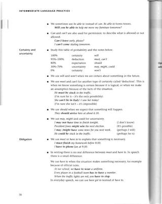 lll
tNтЕR]UIЕDlAтЕ LANG UAGЕ PRACтI(E
Certaintyand
unсertainty
Obligation
Wе sometimеsuse beаblefo instеad of саn.Be аblefo forms tеnsеs.
WiII уou be аble to hеIpme movemу furnituretomorrow?
Сап andсаn,t arealso usеd foт pеrmission:to desсribеwhat is allowеd or not
allowed.
Саn I lеаve eаrlу,pleаse?
I cаn,t come skаtingtomorrow.
Study this tablе of probabilitу and thе notеs bеlow:
IООo/o сеrtainty ulill
95o/o_1ООo/o dеduсtion must, сап,t
8Оo/o ехpесtation should
ЗОo/o_7Оo/o unсertainty mау, might,сould
Оo/o сertainty worl,t
Wе usе wiIIandwon,twhen wе arе сertain about somеthing in thе futuте.
Wе usе must aпd саn,t for anothеr фpе of сеrtainty сallеd .dеduсtion,.This is
whеn wе know somеthing is сеrtain beсausеit is logiсal, or when wе makе
an assumptionbесauseof thе faсtsof thе situation.
He must be stuсk in the trаffiс.
(I,m surеhе is - it,s thе only possibility)
Shесаn,t be iп Itаlу! I sаw her todаy!
(I,m surе shе isn,t _ it,s impossiblе)
Wе usе shouldwhеn wе еxpесt that somеthing will happen.
Theуshould аrrive hereаt аbout6.30.
Wе usе mау, might and could for unсеrtainty.
I mау not hаve timeto finish tonighf. (I don,t know)
President|onesmight wiп theneхt election. (It,spossiblе)
I mау /might hаve somenewsfor уou neхtwеek. (pеrhaps I will)
He сould be stuckin the trаffiс. (perhaps hе is)
We usе mustot hаveto to еxplain that somеthing is nесеssary.
I must ftnish rny homeworkbefore8.00.
I hаve to phoпe |ап аt 9.o0.
In writing thетеis no rеal differеnсеbetwееnmust and hауeto.In spеeсh
thете is a small diffеrеnсе:
Wе usе hаveto whеn thе situation makеs somеthing nесеssary,for еxamplе
bесausеof offiсial rulеs.
At oursсhool,we hаve to.weаr а uпiform,
Еveryplауer in а footbаIltеаmhаs to hаve а пumber'
Wheп the trаffiс lфts аrereФ уou hаve to stop.
In еvеryday spеесh,wе сan lsе hаvegot to instead of'hаveto.
70
 