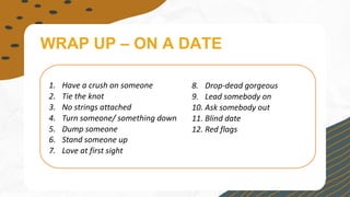 WRAP UP – ON A DATE
1. Have a crush on someone
2. Tie the knot
3. No strings attached
4. Turn someone/ something down
5. Dump someone
6. Stand someone up
7. Love at first sight
8. Drop-dead gorgeous
9. Lead somebody on
10. Ask somebody out
11. Blind date
12. Red flags
you have FEELINGS/INFATUATION with someone
to get married
to get HITCHED,
= Nothing expect
in return; no obligation
= to refuse them
= to decline
to leave that person
to TOSS him/her out
to get rid of him/her
breakup
6) to not arrive to the appointment/meeting/date
7. S
= beautiful/gorgeous
EYE CANDY
= pretending to like them,
but you don't
= ask a date
= you don't know who the person is
= WARNING SIGNS
 