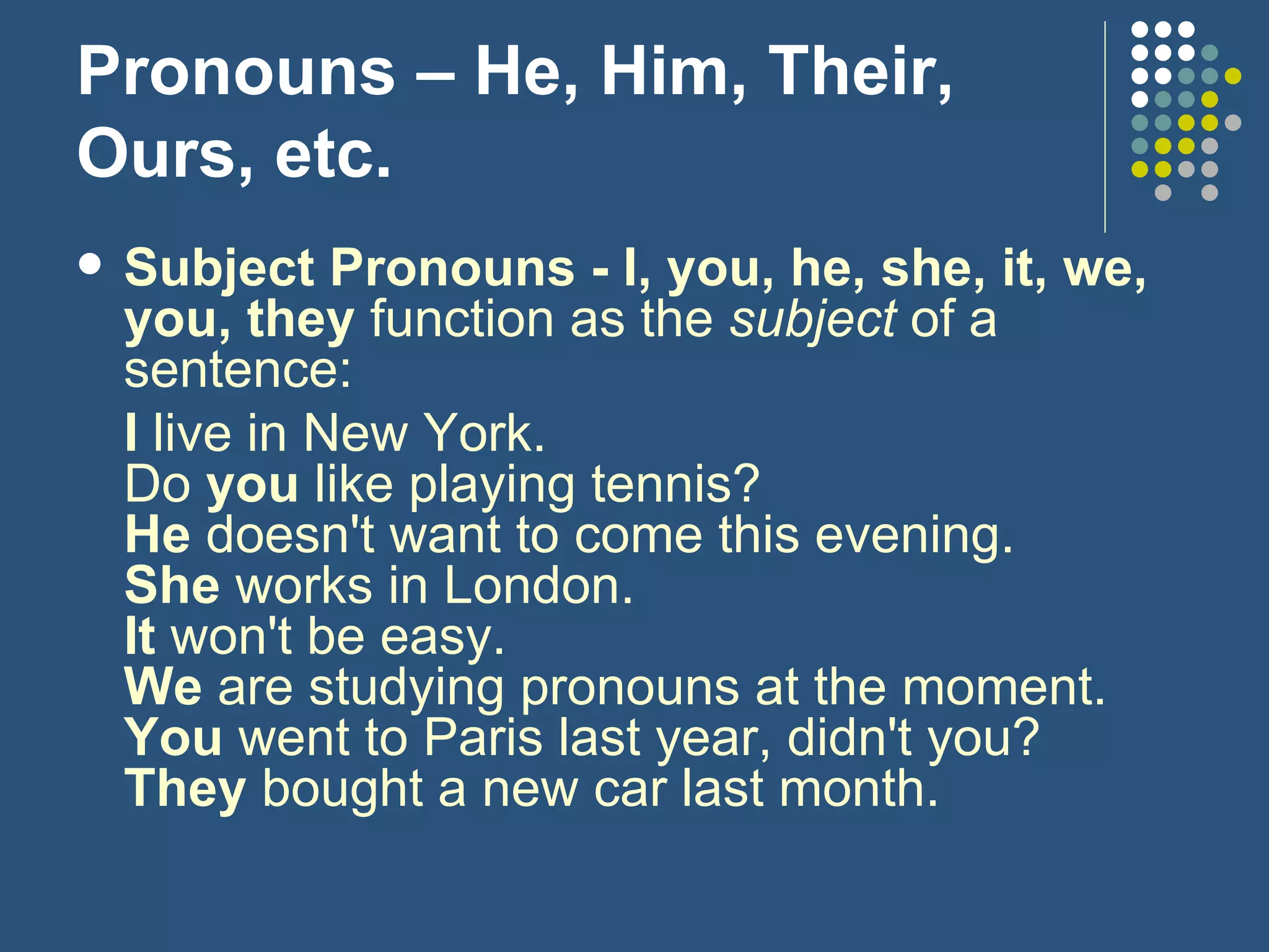 Pronouns – He, Him, Their, Ours, etc. Subject Pronouns - I, you, he, she, it, we, you, they  function as the  subject  of a sentence: I  live in New York. Do  you  like playing tennis? He  doesn't want to come this evening. She  works in London. It  won't be easy. We  are studying pronouns at the moment. You  went to Paris last year, didn't you? They  bought a new car last month. 