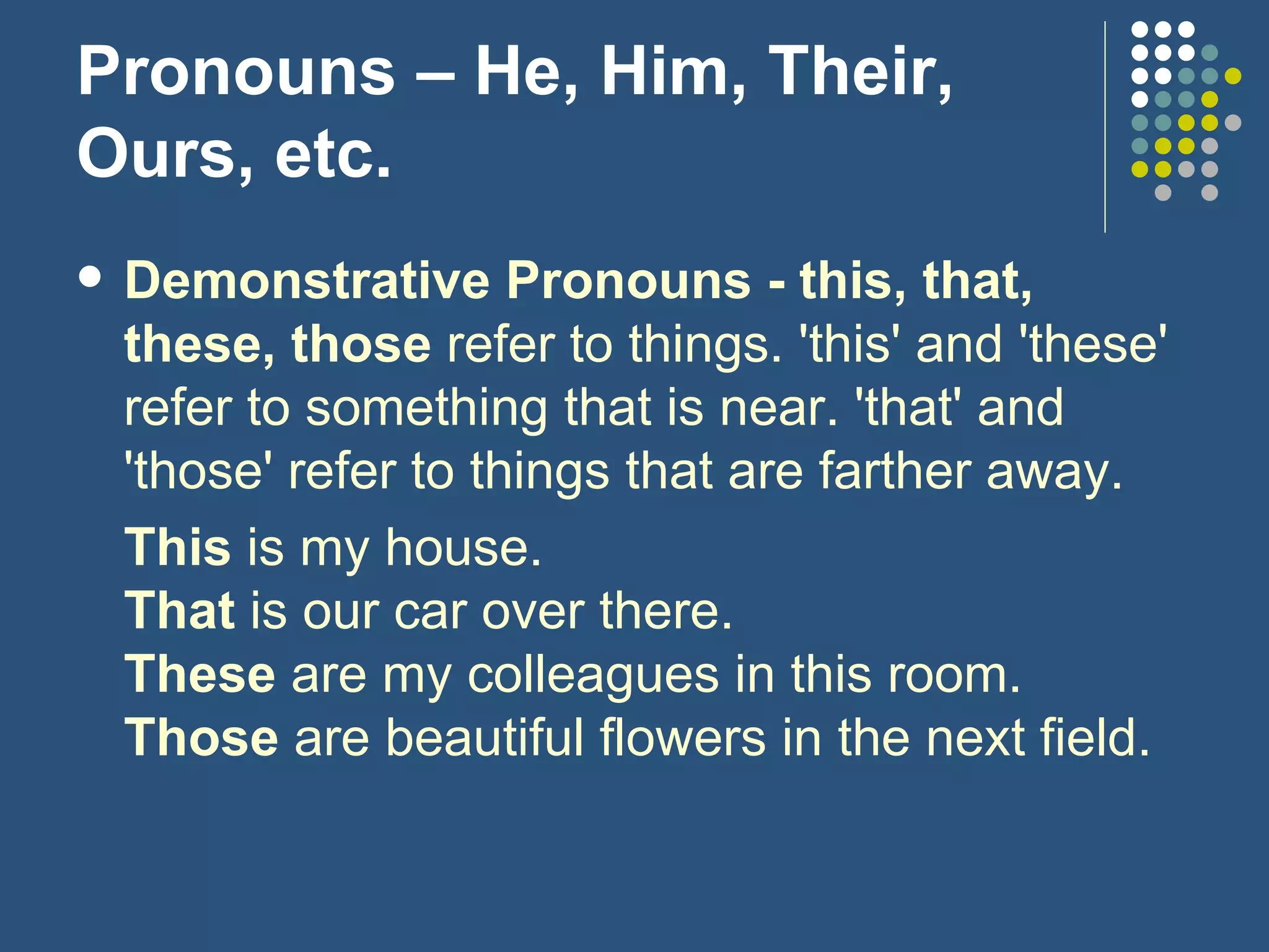 Pronouns – He, Him, Their, Ours, etc. Demonstrative Pronouns - this, that, these, those  refer to things. 'this' and 'these' refer to something that is near. 'that' and 'those' refer to things that are farther away. This  is my house. That  is our car over there. These  are my colleagues in this room. Those  are beautiful flowers in the next field. 