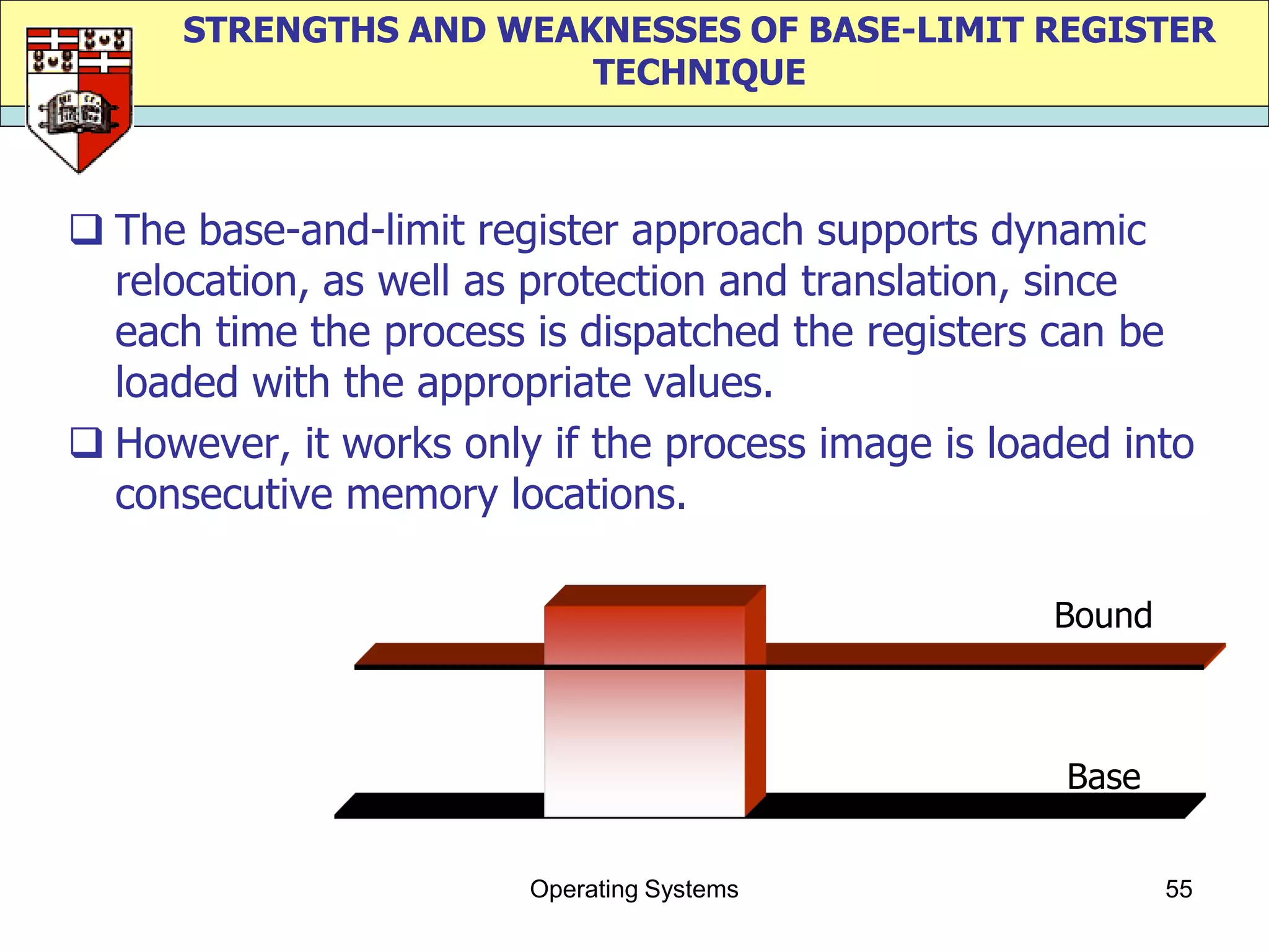 STRENGTHS AND WEAKNESSES OF BASE-LIMIT REGISTER
                        TECHNIQUE



 The base-and-limit register approach supports dynamic
  relocation, as well as protection and translation, since
  each time the process is dispatched the registers can be
  loaded with the appropriate values.
 However, it works only if the process image is loaded into
  consecutive memory locations.

                                                    Bound



                                                     Base


                        Operating Systems                   55
 
