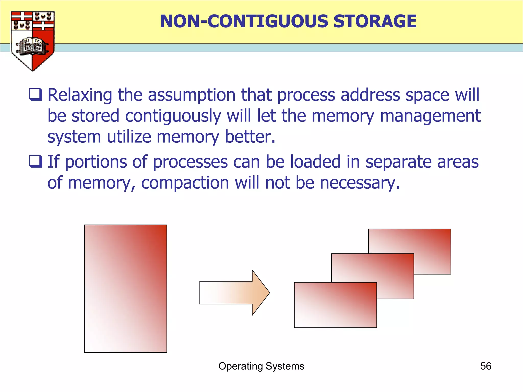 NON-CONTIGUOUS STORAGE



 Relaxing the assumption that process address space will
  be stored contiguously will let the memory management
  system utilize memory better.
 If portions of processes can be loaded in separate areas
  of memory, compaction will not be necessary.




                        Operating Systems                56
 