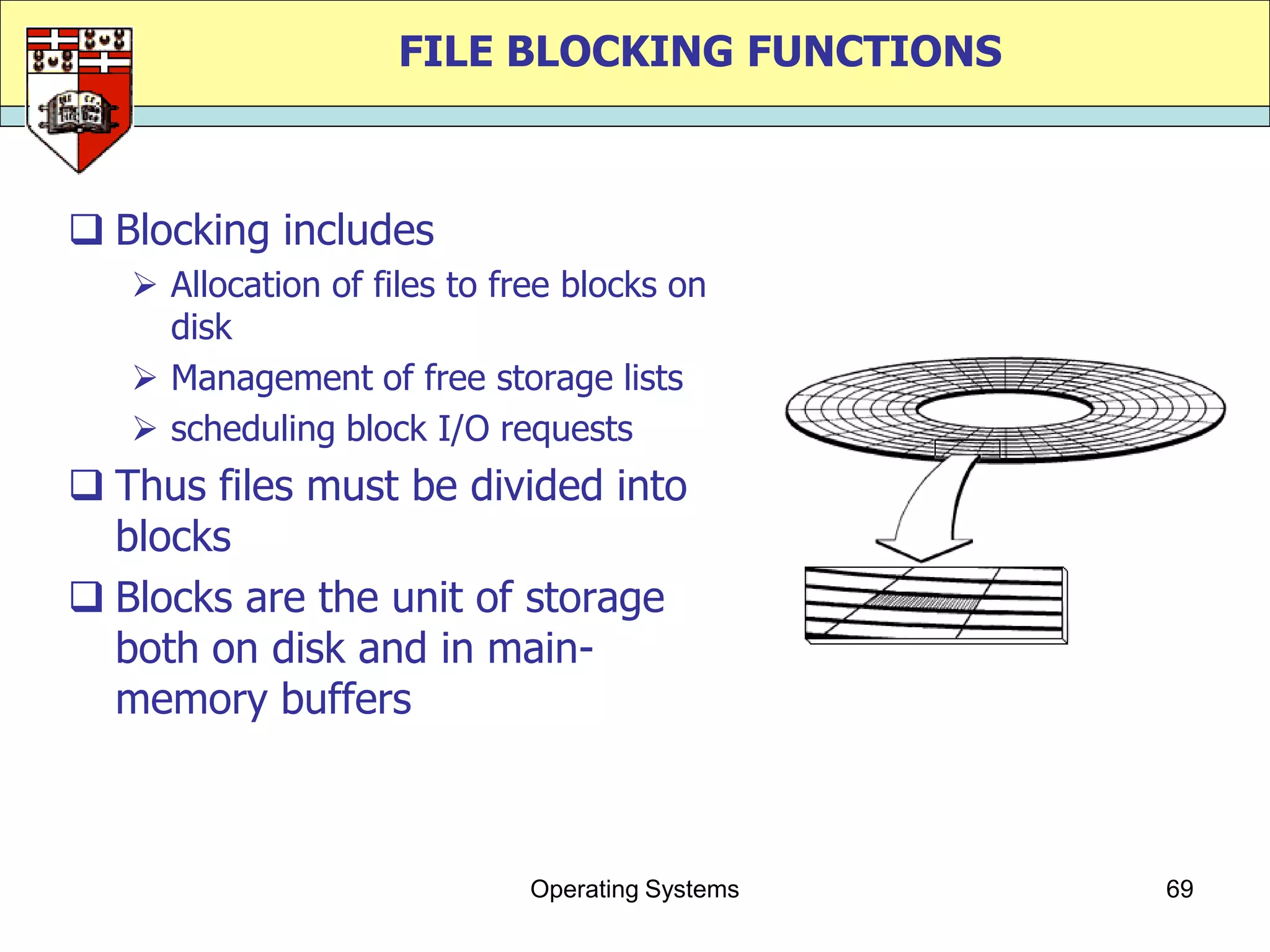 FILE BLOCKING FUNCTIONS



 Blocking includes
    Allocation of files to free blocks on
     disk
    Management of free storage lists
    scheduling block I/O requests
 Thus files must be divided into
  blocks
 Blocks are the unit of storage
  both on disk and in main-
  memory buffers



                              Operating Systems   69
 