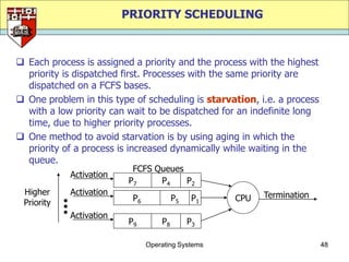 PRIORITY SCHEDULING



 Each process is assigned a priority and the process with the highest
  priority is dispatched first. Processes with the same priority are
  dispatched on a FCFS bases.
 One problem in this type of scheduling is starvation, i.e. a process
  with a low priority can wait to be dispatched for an indefinite long
  time, due to higher priority processes.
 One method to avoid starvation is by using aging in which the
  priority of a process is increased dynamically while waiting in the
  queue.
                           FCFS Queues
            Activation
                          P7     P4    P2
 Higher     Activation                                    Termination
                           P6            P5    P1   CPU
 Priority
            Activation
                          P9        P8        P3

                                Operating Systems                        48
 