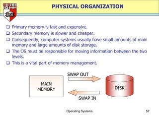 PHYSICAL ORGANIZATION


 Primary memory is fast and expensive.
 Secondary memory is slower and cheaper.
 Consequently, computer systems usually have small amounts of main
  memory and large amounts of disk storage.
 The OS must be responsible for moving information between the two
  levels.
 This is a vital part of memory management.

                             SWAP OUT

               MAIN
              MEMORY                               DISK

                                   SWAP IN

                            Operating Systems                     57
 