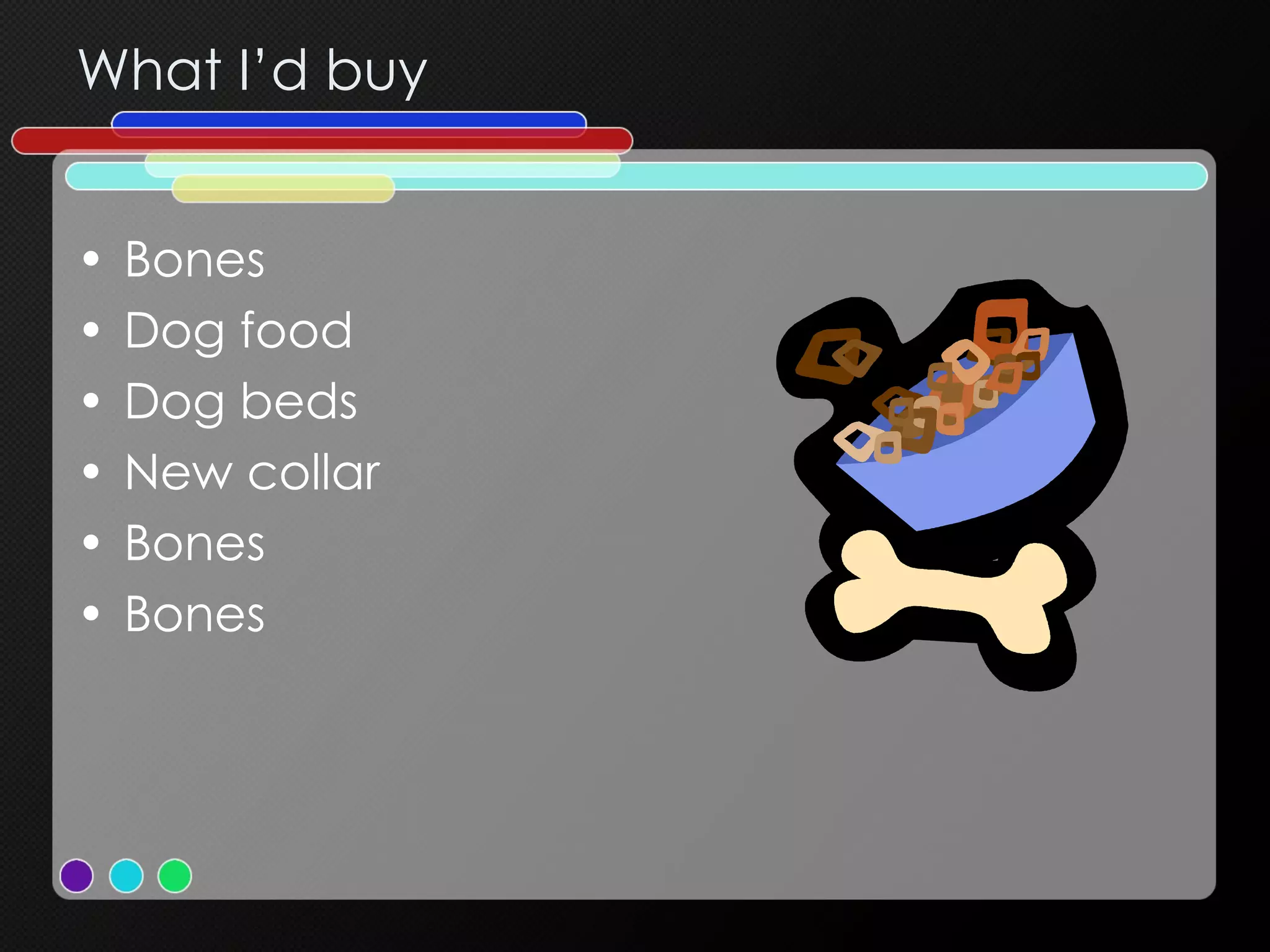 What I’d buy Bones Dog food Dog beds New collar Bones Bones 