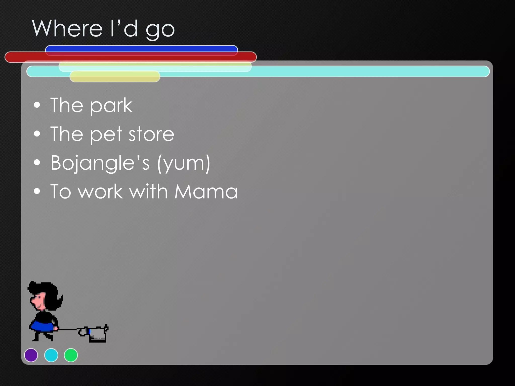 Where I’d go The park The pet store Bojangle’s (yum) To work with Mama 