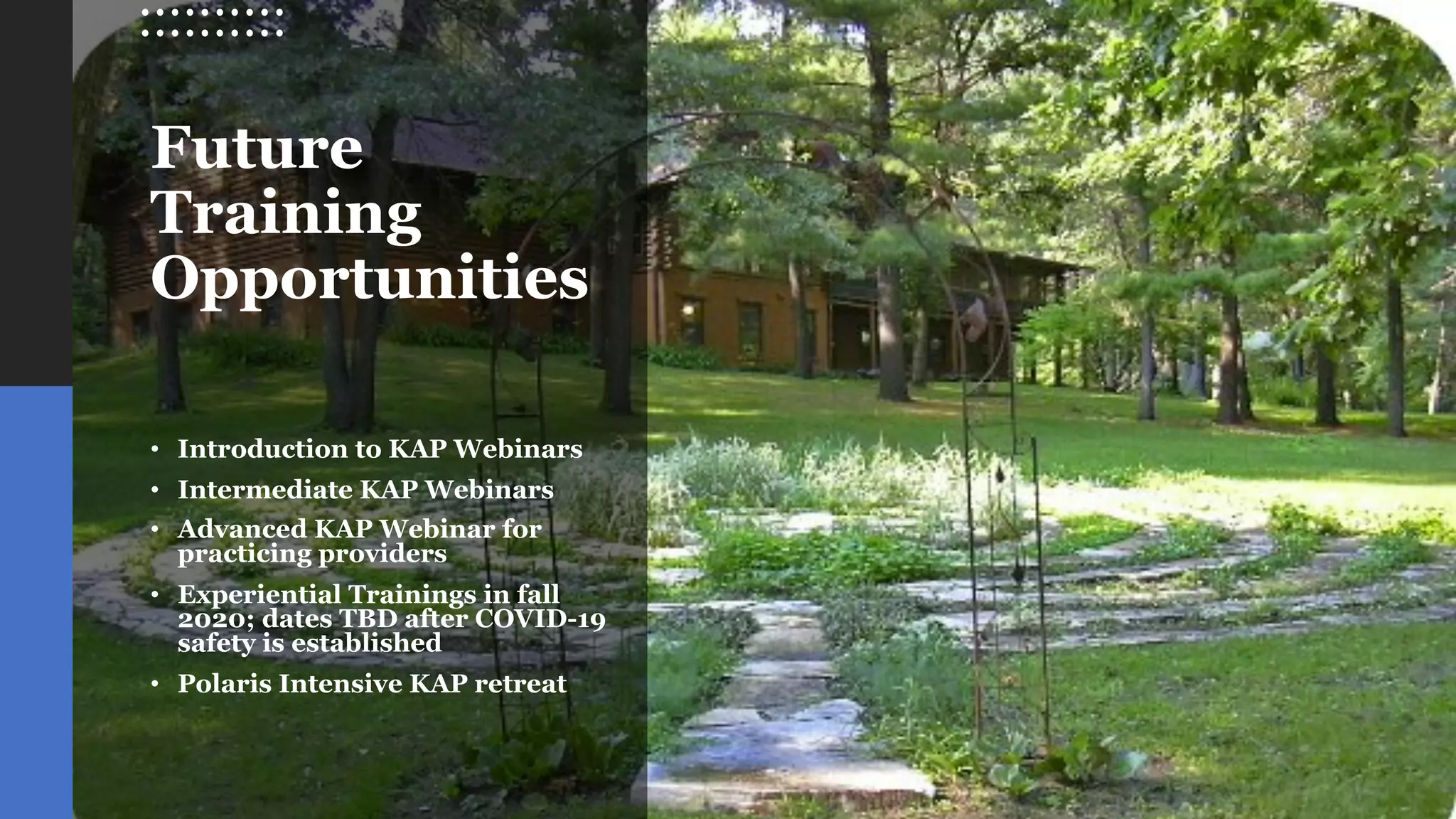 Future
Training
Opportunities
• Introduction to KAP Webinars
• Intermediate KAP Webinars
• Advanced KAP Webinar for
practicing providers
• Experiential Trainings in fall
2020; dates TBD after COVID-19
safety is established
• Polaris Intensive KAP retreat
 