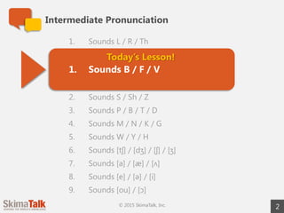 Intermediate Pronunciation
2© 2015 SkimaTalk, Inc.
Today’s Lesson!
1. Sounds L / R / Th
1. Sounds B / F / V
2. Sounds S / Sh / Z
3. Sounds P / B / T / D
4. Sounds M / N / K / G
5. Sounds W / Y / H
6. Sounds [tʃ] / [dʒ] / [ʃ] / [ʒ]
7. Sounds [a] / [æ] / [ʌ]
8. Sounds [e] / [ə] / [i]
9. Sounds [ou] / [ɔ]
 