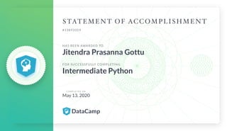 #13893359
HAS BEEN AWARDED TO
Jitendra Prasanna Gottu
FOR SUCCESSFULLY COMPLETING
Intermediate Python
C O M P L E T E D O N
May 13, 2020
 