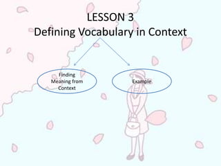 LESSON 3
Defining Vocabulary in Context


     Finding
   Meaning from    Example
     Context
 