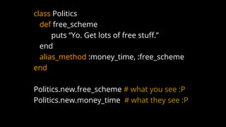 class Politics
def free_scheme
puts “Yo. Get lots of free stuff.”
end
alias_method :money_time, :free_scheme
end
Politics.new.free_scheme # what you see :P
Politics.new.money_time # what they see :P
 