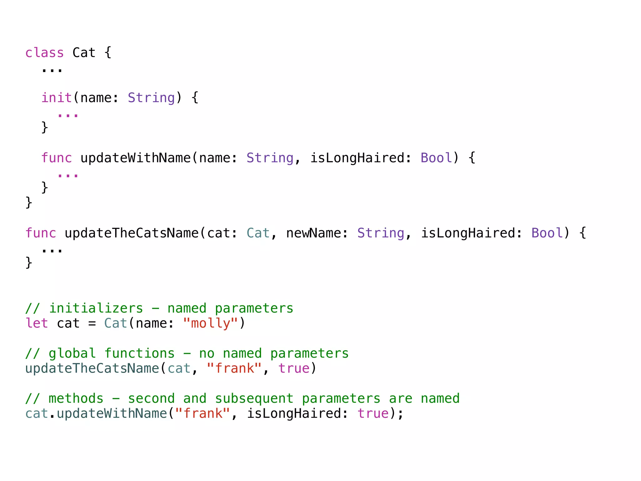 ! 
class Cat { 
... 
init(name: String) { 
... 
} 
func updateWithName(name: String, isLongHaired: Bool) { 
... 
} 
} 
! 
func updateTheCatsName(cat: Cat, newName: String, isLongHaired: Bool) { 
... 
} 
!! 
// initializers - named parameters 
let cat = Cat(name: "molly") 
! 
// global functions - no named parameters 
updateTheCatsName(cat, "frank", true) 
! 
// methods - second and subsequent parameters are named 
cat.updateWithName("frank", isLongHaired: true); 
! 
 