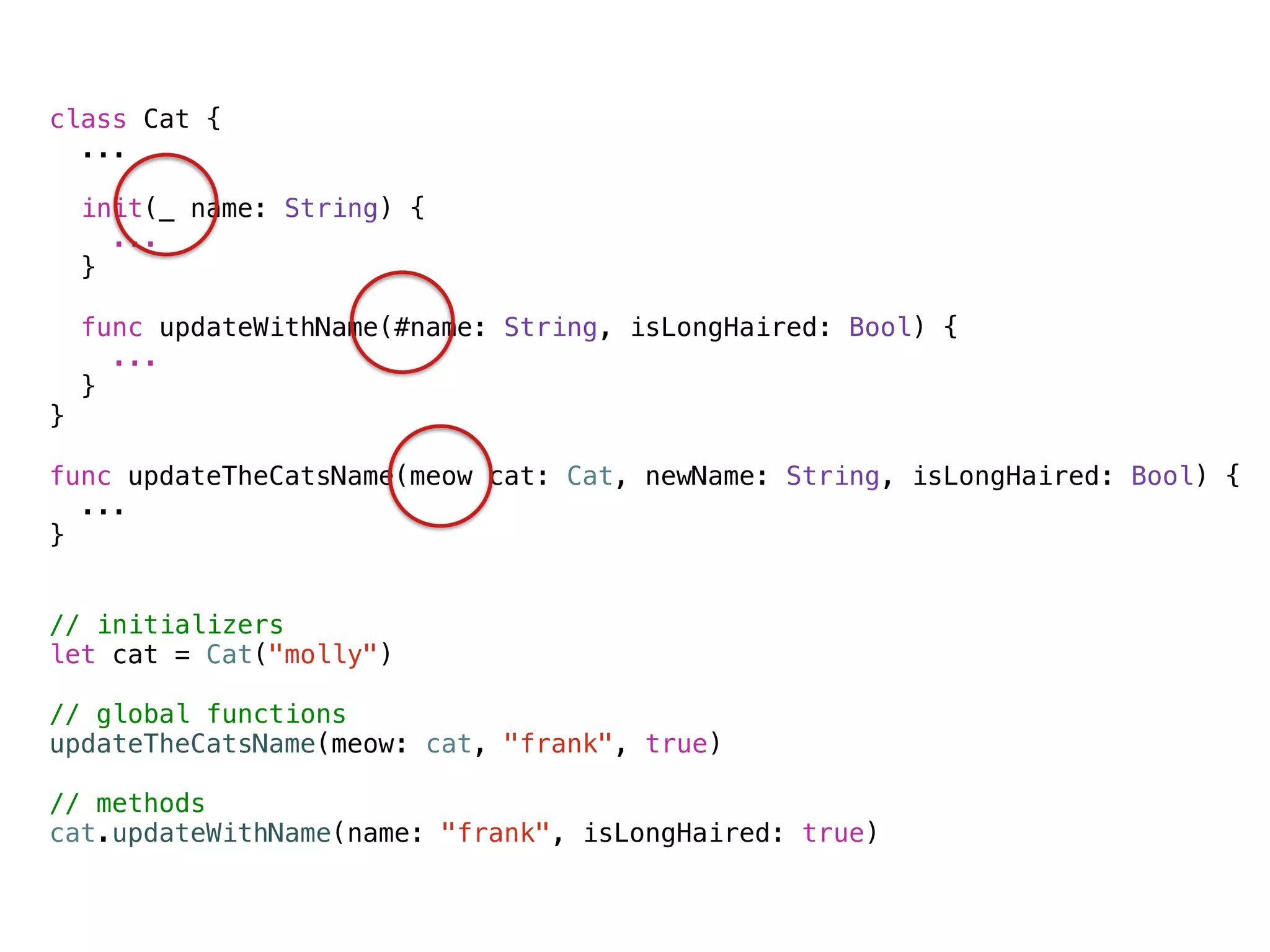 ! 
class Cat { 
... 
init(_ name: String) { 
... 
} 
func updateWithName(#name: String, isLongHaired: Bool) { 
... 
} 
} 
! 
func updateTheCatsName(meow cat: Cat, newName: String, isLongHaired: Bool) { 
... 
} 
!! 
// initializers 
let cat = Cat("molly") 
! 
// global functions 
updateTheCatsName(meow: cat, "frank", true) 
! 
// methods 
cat.updateWithName(name: "frank", isLongHaired: true) 
 