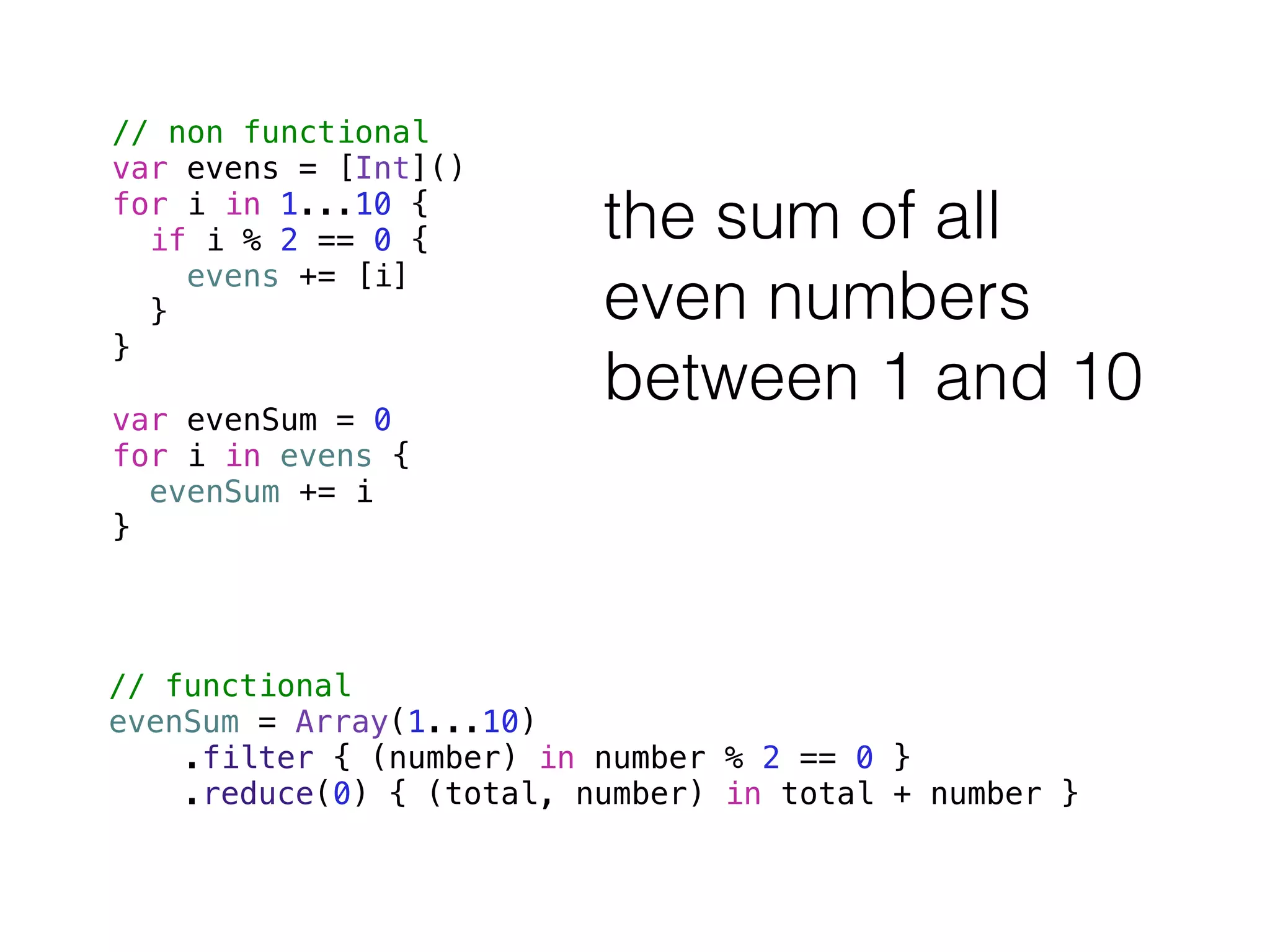 // non functional 
var evens = [Int]() 
for i in 1...10 { 
if i % 2 == 0 { 
evens += [i] 
} 
} 
! 
var evenSum = 0 
for i in evens { 
evenSum += i 
} 
// functional 
evenSum = Array(1...10) 
the sum of all 
even numbers 
between 1 and 10 
.filter { (number) in number % 2 == 0 } 
.reduce(0) { (total, number) in total + number } 
 
