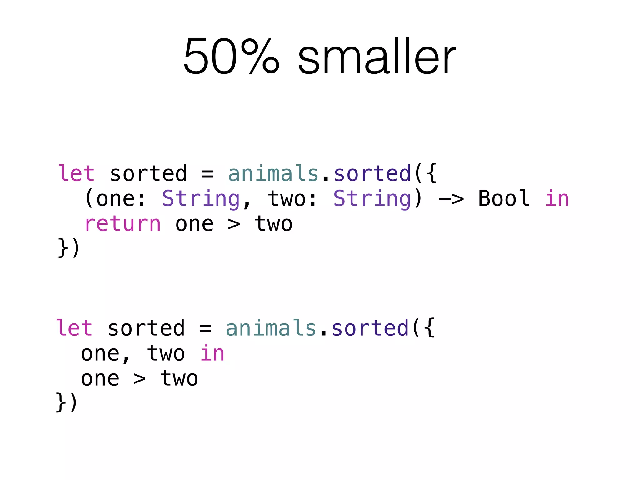 50% smaller 
let sorted = animals.sorted({ 
(one: String, two: String) -> Bool in 
return one > two 
}) 
let sorted = animals.sorted({ 
one, two in 
one > two 
}) 
 
