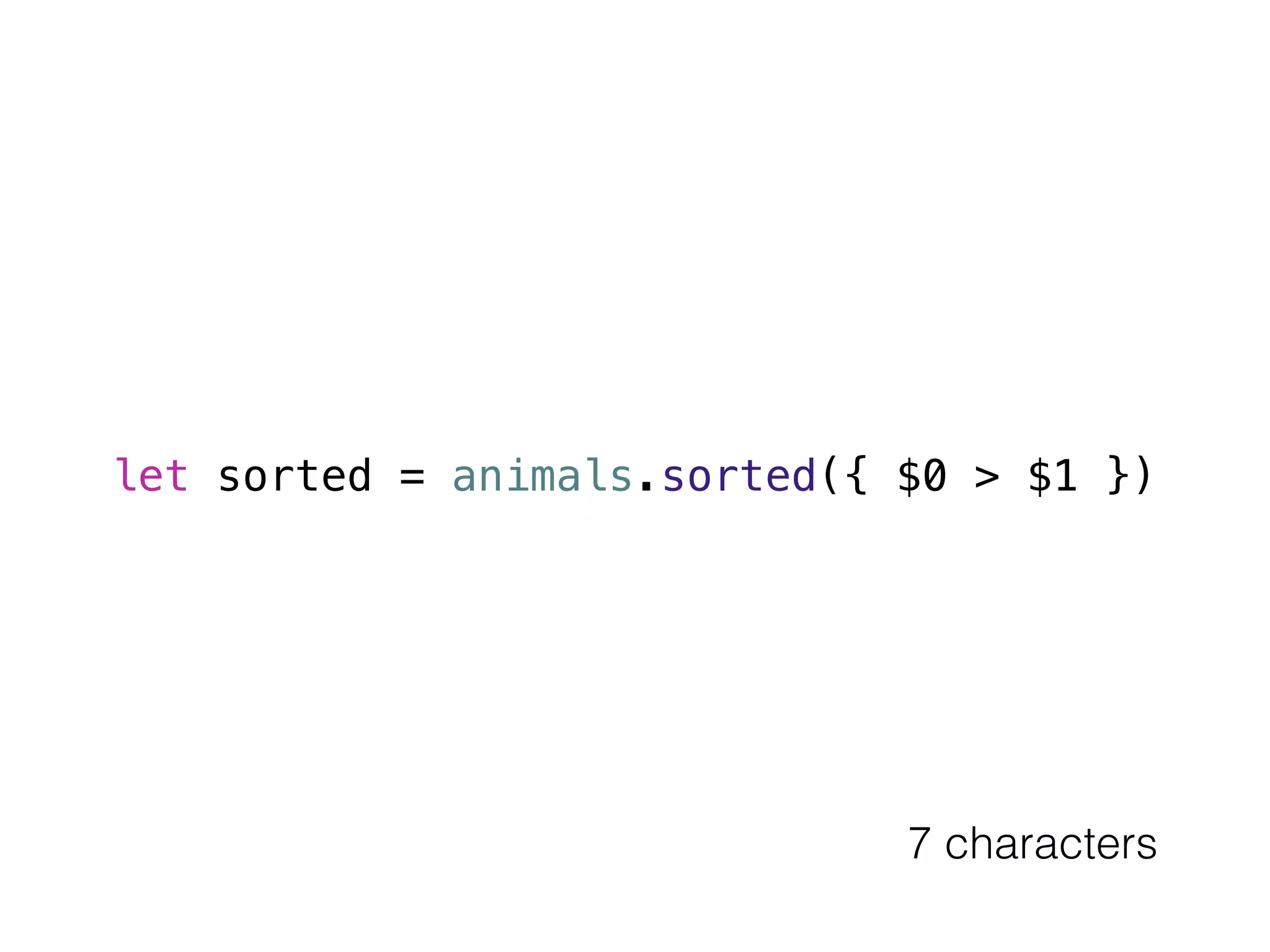 let sorted = animals.sorted({ $0 > $1 }) 
7 characters 
 
