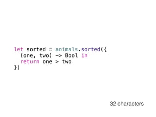 let sorted = animals.sorted({ 
(one, two) -> Bool in 
return one > two 
}) 
32 characters 
 