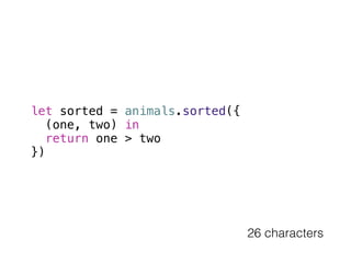 let sorted = animals.sorted({ 
(one, two) in 
return one > two 
}) 
26 characters 
 