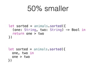 50% smaller 
let sorted = animals.sorted({ 
(one: String, two: String) -> Bool in 
return one > two 
}) 
let sorted = animals.sorted({ 
one, two in 
one > two 
}) 
 