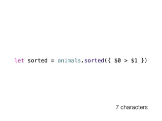 let sorted = animals.sorted({ $0 > $1 }) 
7 characters 
 