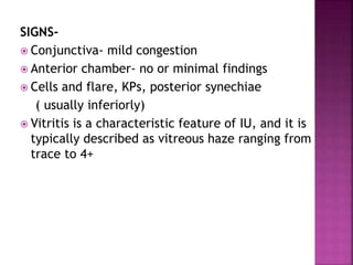 SIGNS-
 Conjunctiva- mild congestion
 Anterior chamber- no or minimal findings
 Cells and flare, KPs, posterior synechiae
( usually inferiorly)
 Vitritis is a characteristic feature of IU, and it is
typically described as vitreous haze ranging from
trace to 4+
 