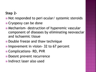 Step 2-
 Not responded to peri ocular/ systemic steroids
 Cryopexy can be done
 Mechanism- destruction of hyperemic vascular
component of diseases by eliminating neovasclar
and ischaemic tissue
 Double freeze and thaw technique
 Impovement in vision- 32 to 67 percent
 Complications- RD, PVR
 Doesnt prevent recurrence
 Indirect laser also used
 