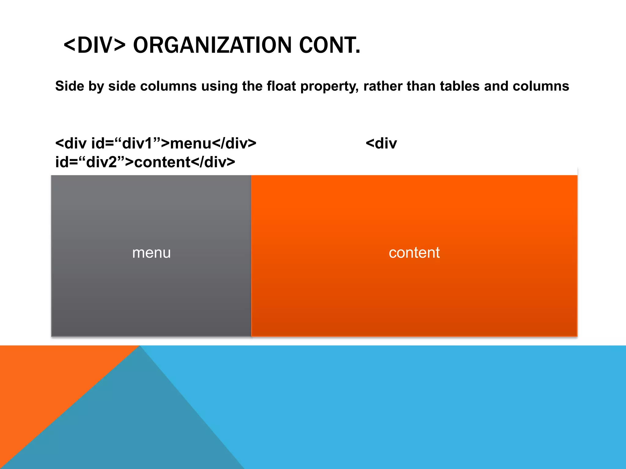 <DIV> ORGANIZATION CONT.
Side by side columns using the float property, rather than tables and columns



<div id=“div1”>menu</div>                     <div
id=“div2”>content</div>




           menu                                  content
 