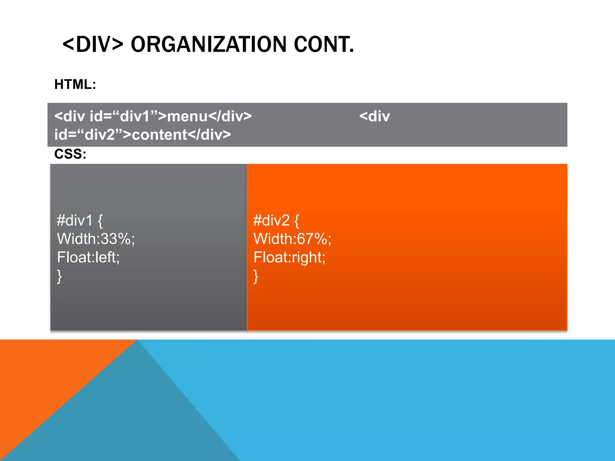 <DIV> ORGANIZATION CONT.
HTML:

<div id=“div1”>menu</div>                  <div
id=“div2”>content</div>
CSS:



#div1 {                     #div2 {
Width:33%;                  Width:67%;
Float:left;                 Float:right;
}                           }
 