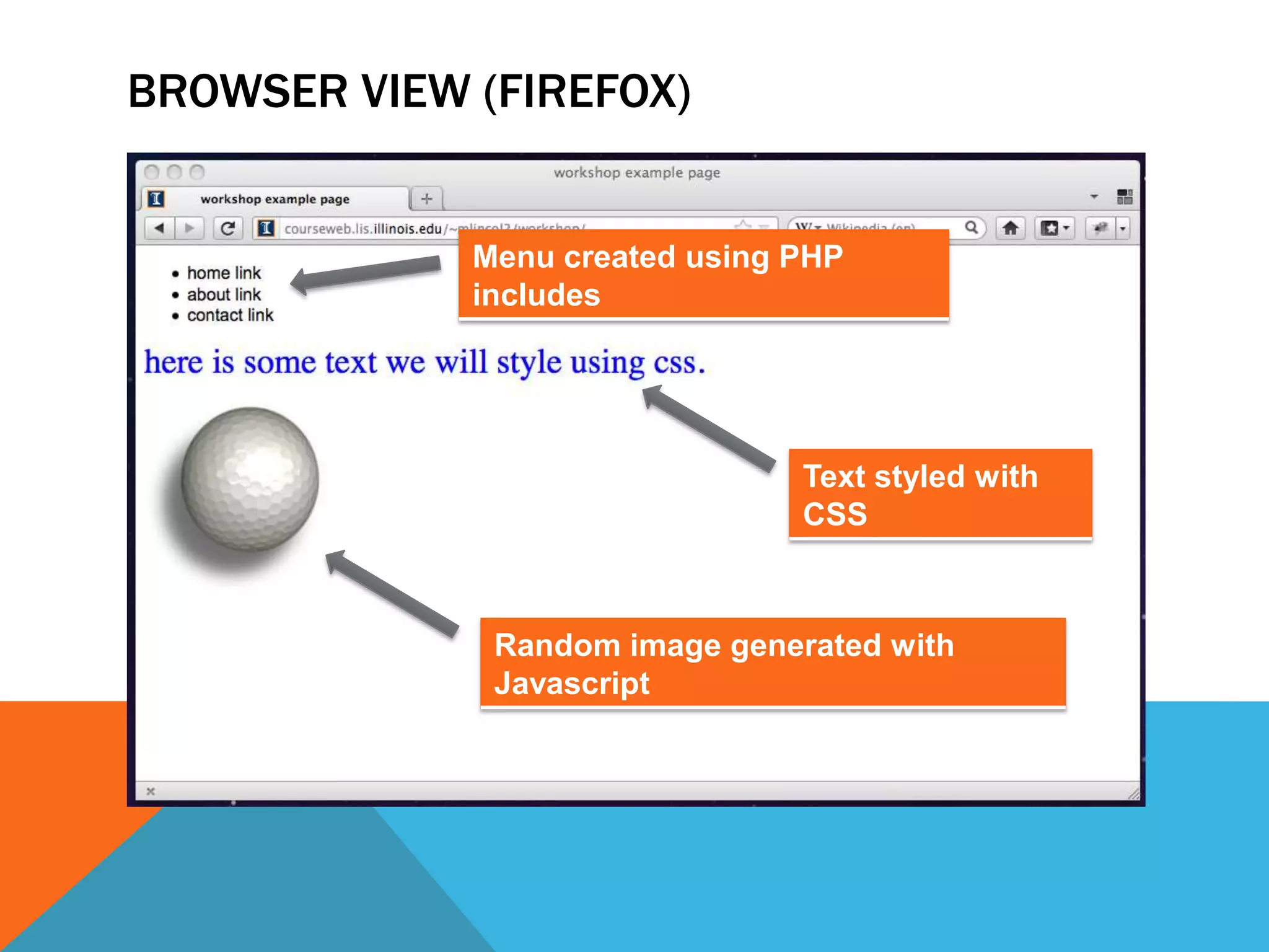 BROWSER VIEW (FIREFOX)


             Menu created using PHP
             includes




                                Text styled with
                                CSS



              Random image generated with
              Javascript
 