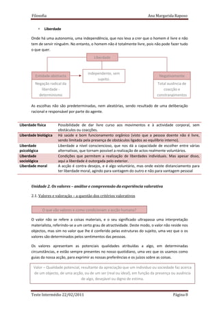 Filosofia                                                             Ana Margarida Raposo


           ∗    Liberdade

       Onde há uma autonomia, uma independência, que nos leva a crer que o homem é livre e não
       tem de servir ninguém. No entanto, o homem não é totalmente livre, pois não pode fazer tudo
       o que quer.
                                             Liberdade


                                         independente, sem
         Entidade abstracta                                                         Negativamente
                                              sujeito.
         Negação radical da                                                        Total ausência de
            liberdade -                                                               coacção e
           determinismo                                                            constrangimentos

       As escolhas não são predeterminadas, nem aleatórias, sendo resultado de uma deliberação
       racional e responsável por parte do agente.


Liberdade física       Possibilidade de dar livre curso aos movimentos e à actividade corporal, sem
                       obstáculos ou coacções.
Liberdade biológica    Há saúde e bom funcionamento orgânico (visto que a pessoa doente não é livre,
                       sendo limitada pela presença de obstáculos ligados ao equilíbrio interno).
Liberdade              Liberdade a nível consciencioso, que nos dá a capacidade de escolher entre várias
psicológica            alternativas, que tornam possível a realização de actos realmente voluntários.
Liberdade              Condições que permitem a realização de liberdades individuais. Mas apesar disso,
sociológica            aqui a liberdade é outorgada pelo exterior.
Liberdade moral        A acção é contra desejos, e é algo voluntário, mas onde existe distanciamento para
                       ter liberdade moral, agindo para vantagem do outro e não para vantagem pessoal


       Unidade 2. Os valores – análise e compreensão da experiência valorativa

       2.1. Valores e valoração – a questão dos critérios valorativos


               O que vão valores e como condicionam a acção humana?

       O valor não se refere a coisas materiais, e o seu significado ultrapassa uma interpretação
       materialista, referindo-se a um certo grau de atractividade. Deste modo, o valor não reside nos
       objectos, mas sim no valor que lhe é conferido pelas estruturas do sujeito, uma vez que o os
       valores são determinados pelos sentimentos das pessoas.

       Os valores apresentam as potenciais qualidades atribuídas a algo, em determinadas
       circunstâncias, e estão sempre presentes no nosso quotidiano, uma vez que os usamos como
       guias da nossa acção, para exprimir as nossas preferências e os juízos sobre as coisas.

        Valor – Qualidade potencial, resultante da apreciação que um individuo ou sociedade faz acerca
        de um objecto, de uma acção, ou de um ser (real ou ideal), em função da presença ou ausência
                                     de algo, desejável ou digno de estima.


       Teste Intermédio 22/02/2011                                                           Página 8
 