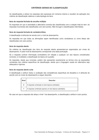 CRITÉRIOS GERAIS DE CLASSIFICAÇÃO


As classificações a atribuir às respostas são expressas em números inteiros e resultam da aplicação dos
critérios de classificação relativos a cada tipologia de itens.


Itens de resposta fechada de escolha múltipla
As respostas em que é assinalada a alternativa correcta são classificadas com a cotação total do item. As
respostas incorrectas são classificadas com zero pontos. Não há lugar a classificações intermédias.


Itens de resposta fechada de verdadeiro/falso
A classificação é atribuída de acordo com o nível de desempenho.

As respostas em que todas as afirmações sejam identificadas como verdadeiras ou como falsas são
classificadas com zero pontos.


Itens de resposta aberta
Os critérios de classificação dos itens de resposta aberta apresentam-se organizados por níveis de
desempenho. A cada nível de desempenho corresponde uma dada pontuação.
Se a resposta contiver informação contraditória em relação a qualquer um dos tópicos considerados
correctos, é invalidada a classificação do tópico em questão.
As respostas, desde que correctas, podem não apresentar exactamente os termos e/ou as expressões
constantes dos critérios específicos de classificação, desde que a linguagem usada em alternativa seja
adequada e rigorosa.


Itens de resposta aberta curta
A classificação a atribuir traduz a avaliação das competências específicas da disciplina e é atribuída de
acordo com os níveis de desempenho a seguir descritos.


                Nível                                   Descritor

                  2     A resposta contempla os dois tópicos solicitados.

                  1     A resposta contempla apenas um dos tópicos solicitados.


No caso em que a resposta não atinja o nível 1 de desempenho, a classificação a atribuir é zero pontos.




                                  Teste Intermédio de Biologia e Geologia – Critérios de Classificação – Página C/2
 