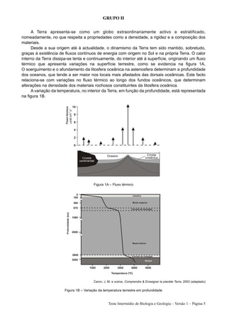 GRUPO II


     A Terra apresenta-se como um globo extraordinariamente activo e estratificado,
nomeadamente, no que respeita a propriedades como a densidade, a rigidez e a composição dos
materiais.
     Desde a sua origem até à actualidade, o dinamismo da Terra tem sido mantido, sobretudo,
graças à existência de fluxos contínuos de energia com origem no Sol e na própria Terra. O calor
interno da Terra dissipa-se lenta e continuamente, do interior até à superfície, originando um fluxo
térmico que apresenta variações na superfície terrestre, como se evidencia na figura 1A.
O soerguimento e o afundamento da litosfera oceânica na astenosfera determinam a profundidade
dos oceanos, que tende a ser maior nos locais mais afastados das dorsais oceânicas. Este facto
relaciona-se com variações no fluxo térmico ao longo dos fundos oceânicos, que determinam
alterações na densidade dos materiais rochosos constituintes da litosfera oceânica.
     A variação da temperatura, no interior da Terra, em função da profundidade, está representada
na figura 1B.




                                         Figura 1A – Fluxo térmico




                                         Caron, J. M. e outros, Comprendre & Enseigner la planète Terre, 2003 (adaptado)

                       Figura 1B – Variação da temperatura terrestre em profundidade


                                                   Teste Intermédio de Biologia e Geologia – Versão 1 – Página 5
 