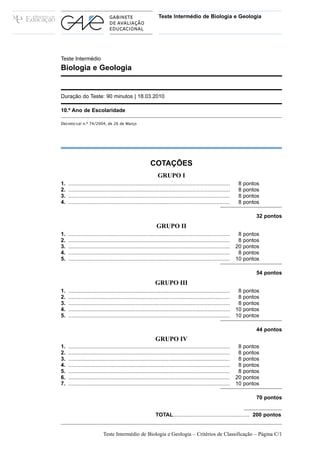 Teste Intermédio de Biologia e Geologia




Teste Intermédio
Biologia e Geologia


Duração do Teste: 90 minutos | 18.03.2010

10.º Ano de Escolaridade

Decreto-Lei n.º 74/2004, de 26 de Março




                                                           COTAÇÕES
                                                                GRUPO I
1.   ............................................................................................................    8   pontos
2.   ............................................................................................................    8   pontos
3.   ............................................................................................................    8   pontos
4.   ............................................................................................................    8   pontos

                                                                                                                             32 pontos
                                                               GRUPO II
1.   ............................................................................................................    8   pontos
2.   ............................................................................................................    8   pontos
3.   ............................................................................................................   20   pontos
4.   ............................................................................................................    8   pontos
5.   ............................................................................................................   10   pontos

                                                                                                                             54 pontos
                                                               GRUPO III
1.   ............................................................................................................    8   pontos
2.   ............................................................................................................    8   pontos
3.   ............................................................................................................    8   pontos
4.   ............................................................................................................   10   pontos
5.   ............................................................................................................   10   pontos

                                                                                                                             44 pontos
                                                               GRUPO IV
1.   ............................................................................................................    8   pontos
2.   ............................................................................................................    8   pontos
3.   ............................................................................................................    8   pontos
4.   ............................................................................................................    8   pontos
5.   ............................................................................................................    8   pontos
6.   ............................................................................................................   20   pontos
7.   ............................................................................................................   10   pontos

                                                                                                                             70 pontos


                                                               TOTAL................................................... 200 pontos


                            Teste Intermédio de Biologia e Geologia – Critérios de Classificação – Página C/1
 